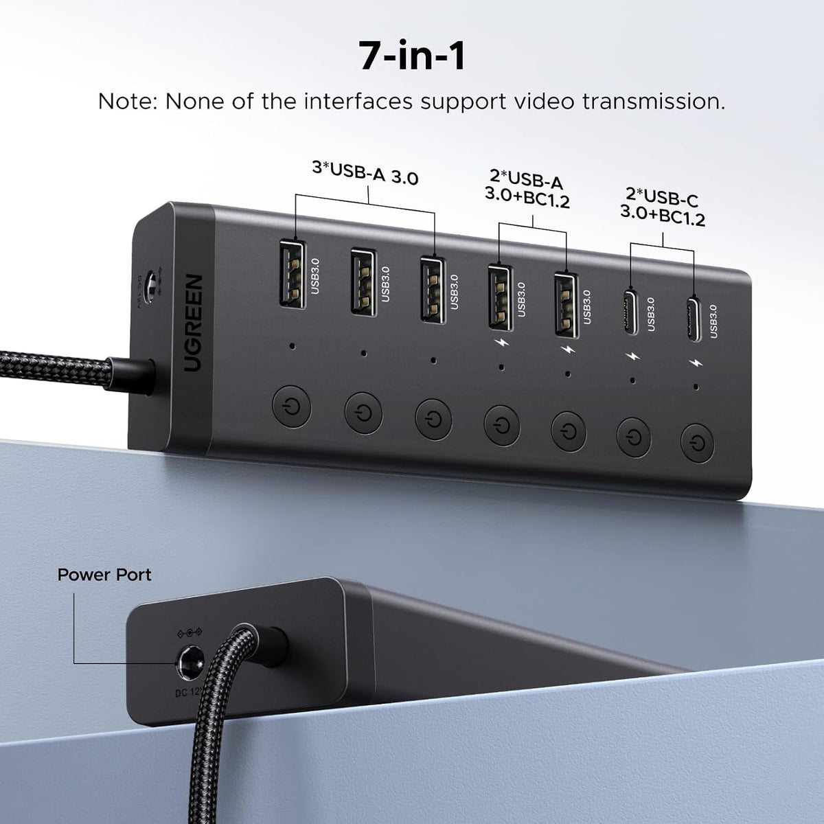 UGREEN 7-in-1 Powered USB 3.0 Hub, 7 Ports, 5xUSB-A and 2xUSB-C, 5Gbps