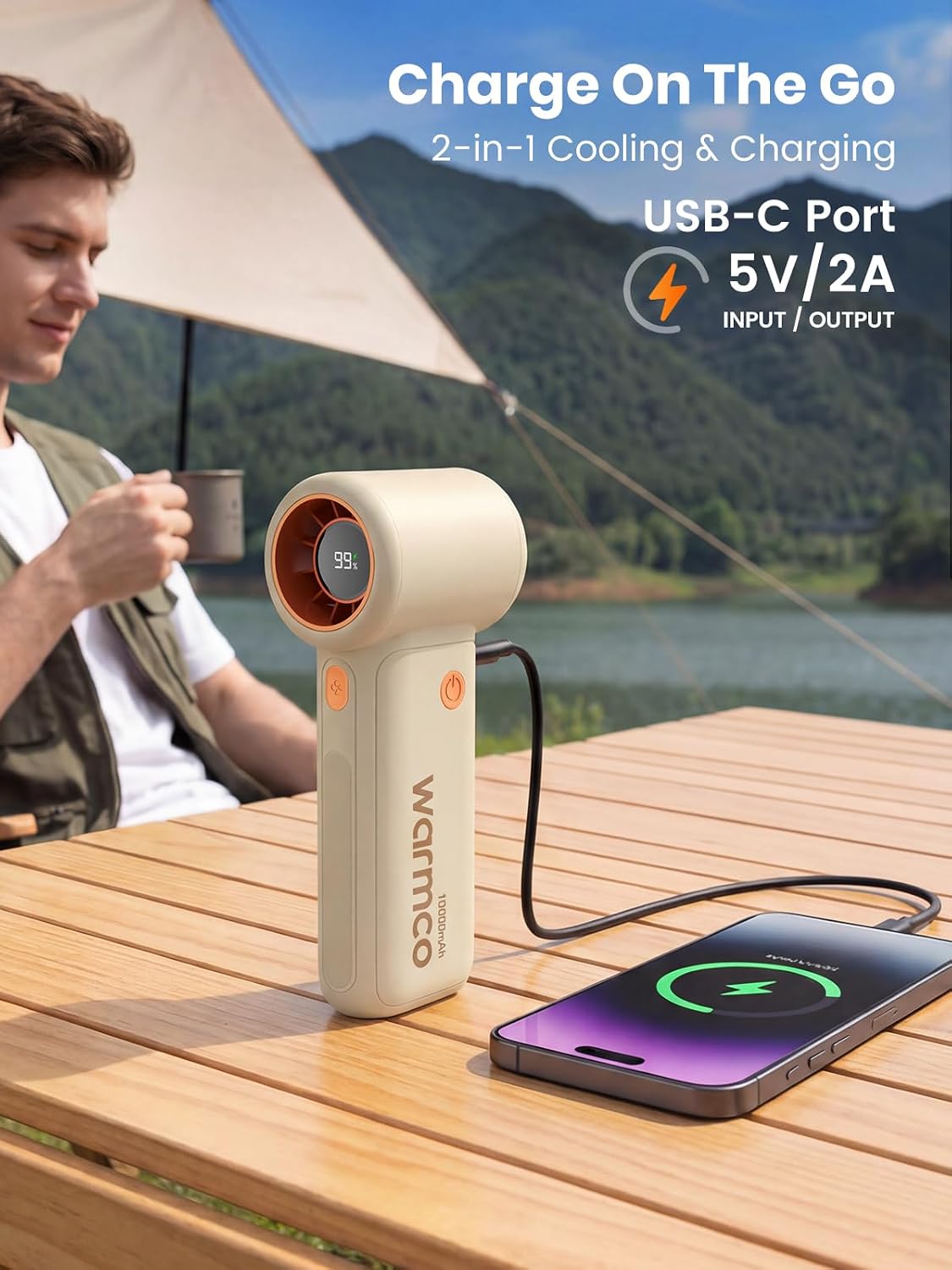 Warmco 10000mAh Portable Handheld Fan, [36H Long Runtime] USB Rechargeable Personal Mini Turbo Fan With 5 Speeds & LED Display for Travel Outdoor, Gift for Men and Women