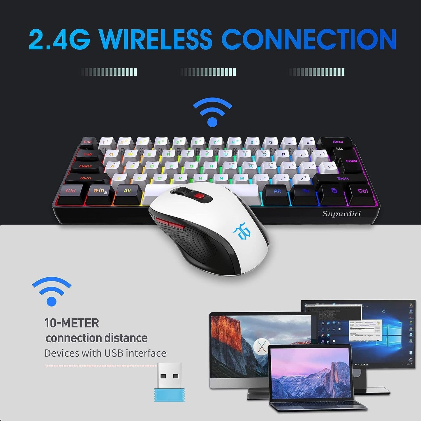 Snpurdiri 2.4G 60% Wireless Gaming Keyboard and Mouse Combo, Black-White | Include Mini 60% Gaming RGB Backlit Keyboard, Ergonomic Vertical Feel Small Wireless Mouse