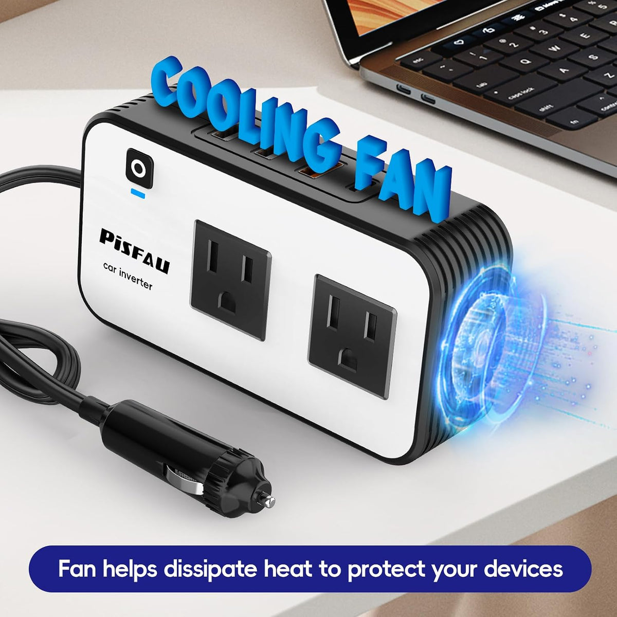 PiSFAU 200W Car Power Inverter - DC 12V to 110V AC Car Plug Adapter Outlet | Dual AC Outlet 4.8A 24W USB-A/C, Portable Cigarette Lighter Charger for Laptop/Camping/Road Trip Essential/Vehicle Accessorie