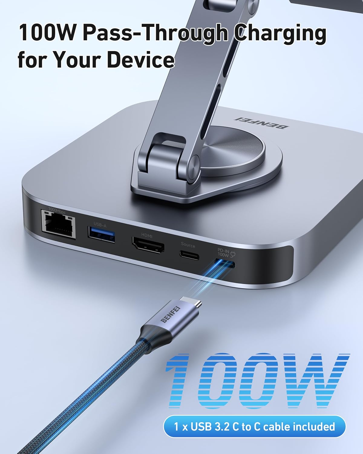 BENFEI USB C Hub Tablet Stand, 9-in-1 Foldable Rotating iPad Docking Station with 4K@60Hz HDMI, Ethernet, 1xUSB-C & 3X USB 3.0, 100W PD, SD/TF Card Reader for iPad Pro/Air/Mini