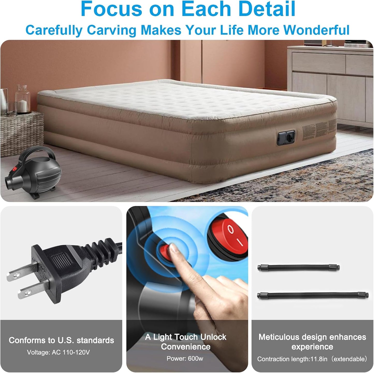 VOFiTNY Electric Air Pump for Inflatables 600W Air Mattress Pump,Portable Bed Pump for Gymnastics Mat Pool Toy Float Raft Airbed Quick Inflate/Deflate with 4 Nozzles 110-120V AC