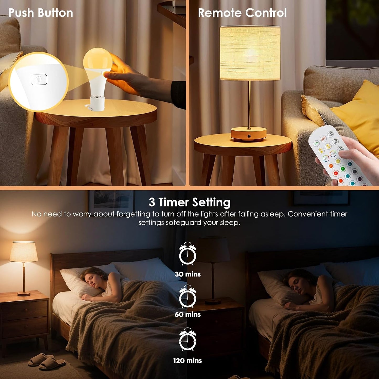 2Pack E26 Rechargeable Light Bulbs with Remote, A19 40W Equivalent Bulb, Soft Warm White 2700K, 400LM Dimmable 5W LED Light Bulb with 15 Colors 3 Timer for Non-Wired Lamp Sconce, Touch, Remote Control