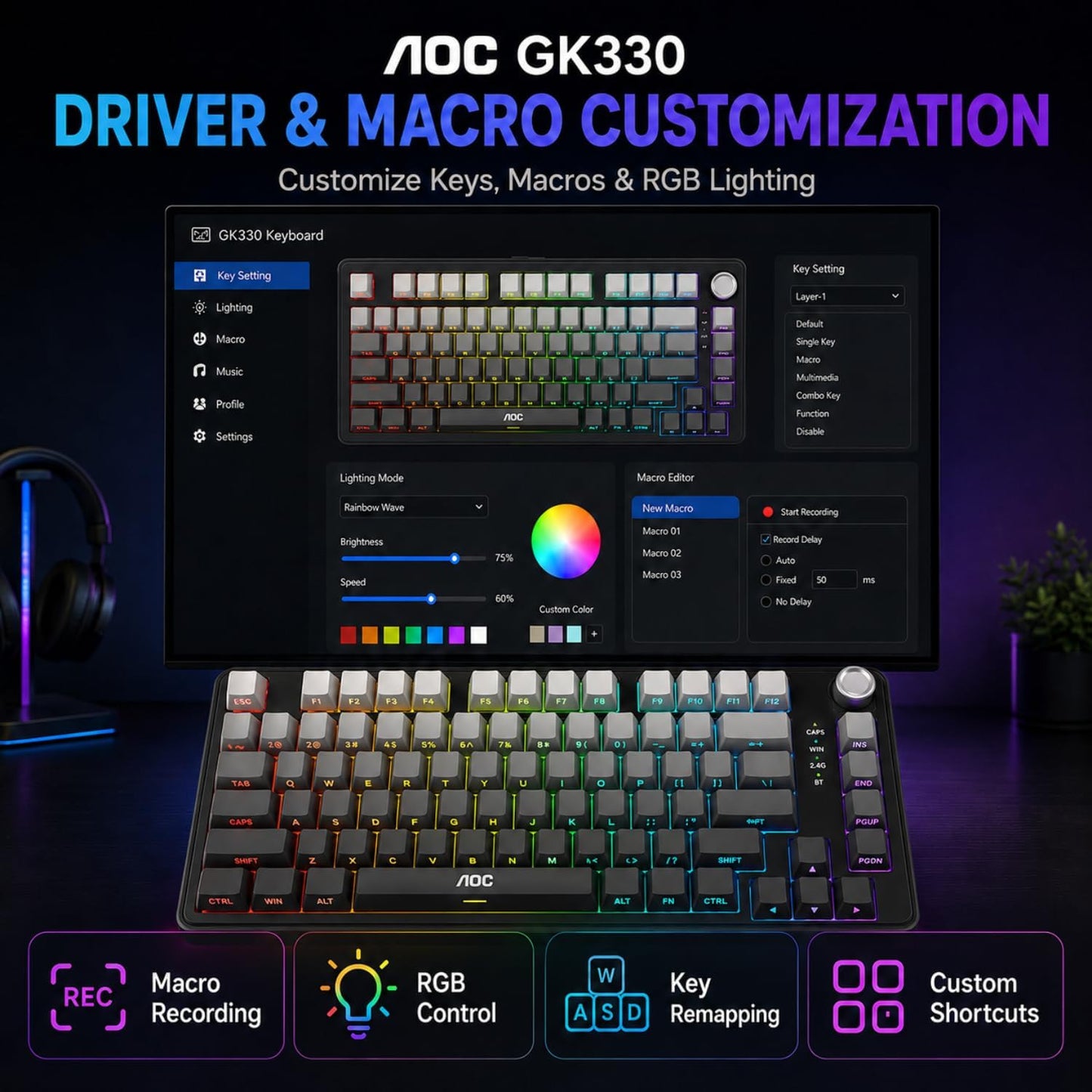 AOC GK330 75% Wireless Mechanical Gaming Keyboard, Hot-Swappable 3-Mode RGB | BT/2.4GHz/USB-C Connectivity, Pre-Lubed Reaper Switches, Anti-Ghosting, Gasket Mount and 5-Layer Sound-Dampening Padding