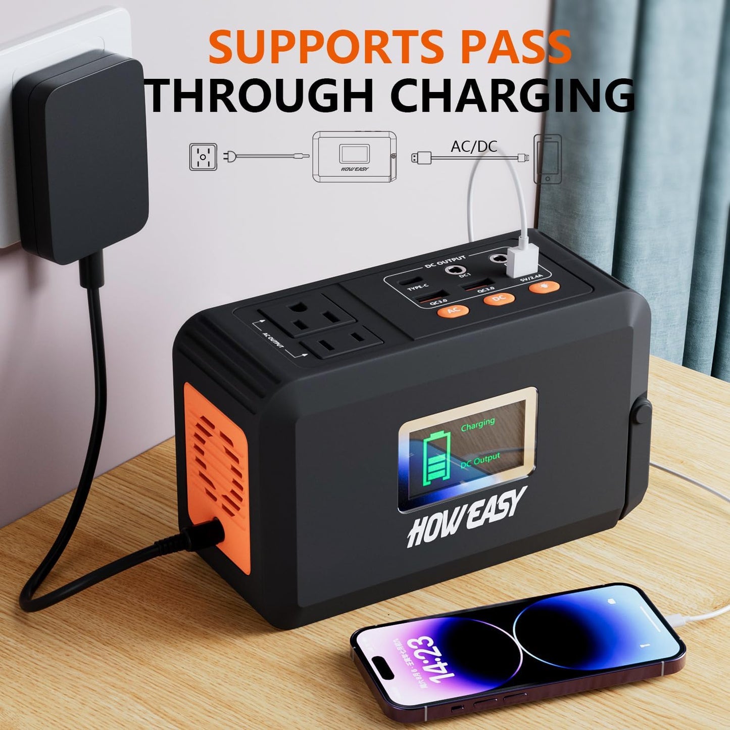 HOWEASY Portable Power Station,120W(240W Peak) Solar Generator | 88Wh Lithium Battery Power with 110V AC Outlet/DC/USB/LED Light for Outdoor Camping Trip Hunting Emergency