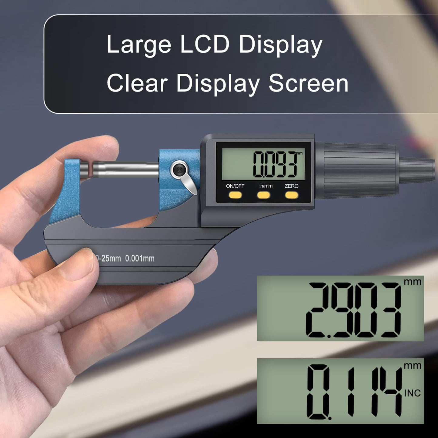 HDLKNAK Digital Outside Micrometer 0-1”, 0.00005"/0.001mm Precision(Blue) | Micrometer Precision Carbide Tipped Measuring Tool, Inch/Metric Dual Reading, Machinist Thickness Gauge with Large LCD