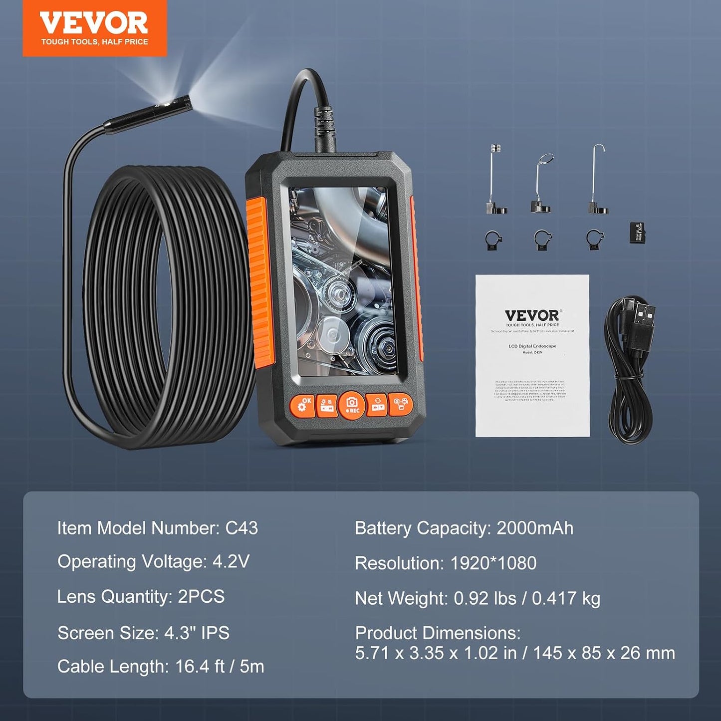 VEVOR Endoscope Camera with Light, Dual Lens Industrial Borescope, 4.3" Screen 1080P Inspection Camera, 8 + 1 Lights, 4X Zoom, IP67 Waterproof Snake Camera for Auto, Plumbing (16.4FT Cable, 32GB Card)