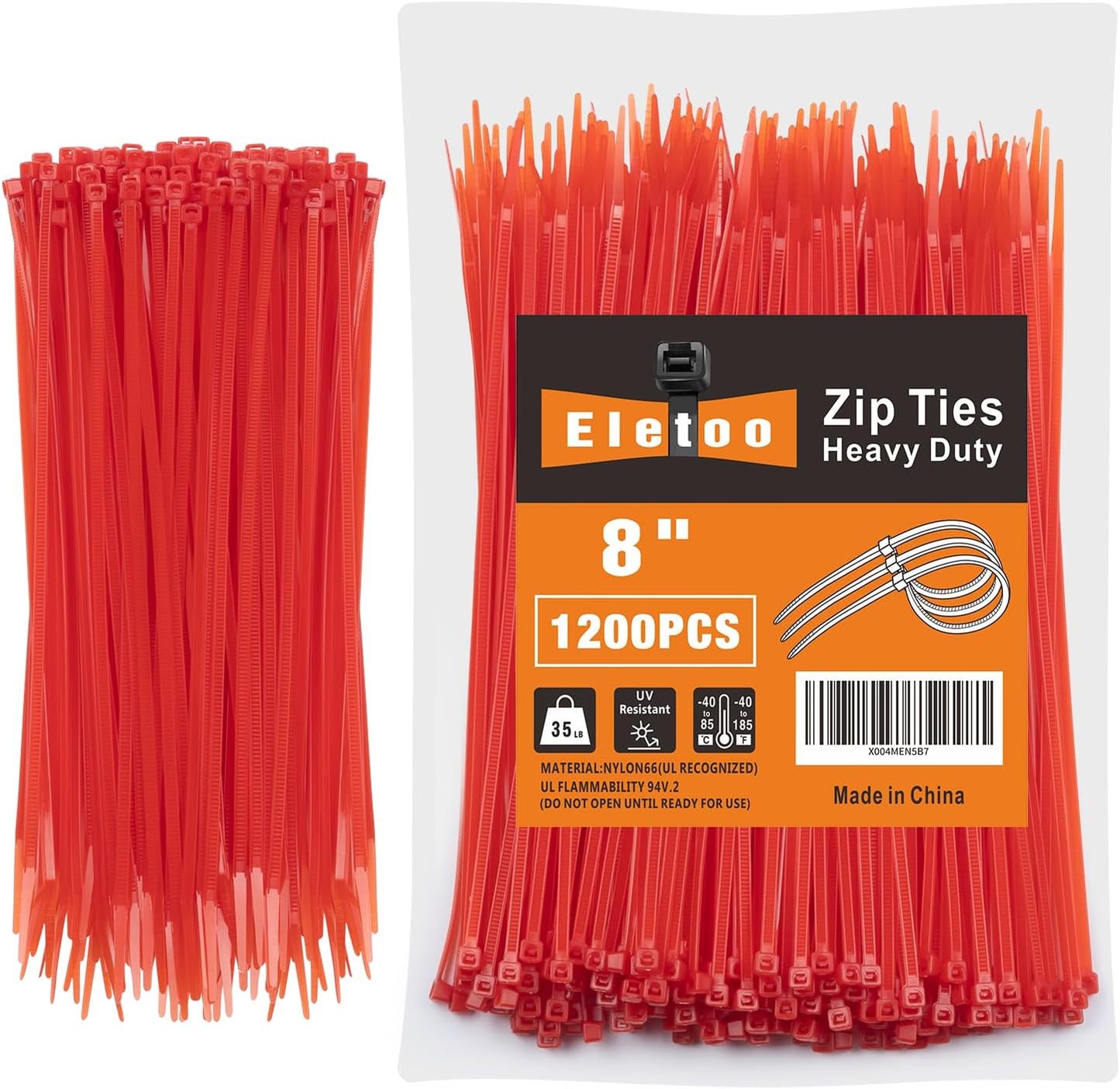 8 Inch Black Zip Ties 1200 Pack, 35 LBS Tensile Strength, Self-Locking Nylon UV Resistant Cable Ties for Indoor and Outdoor