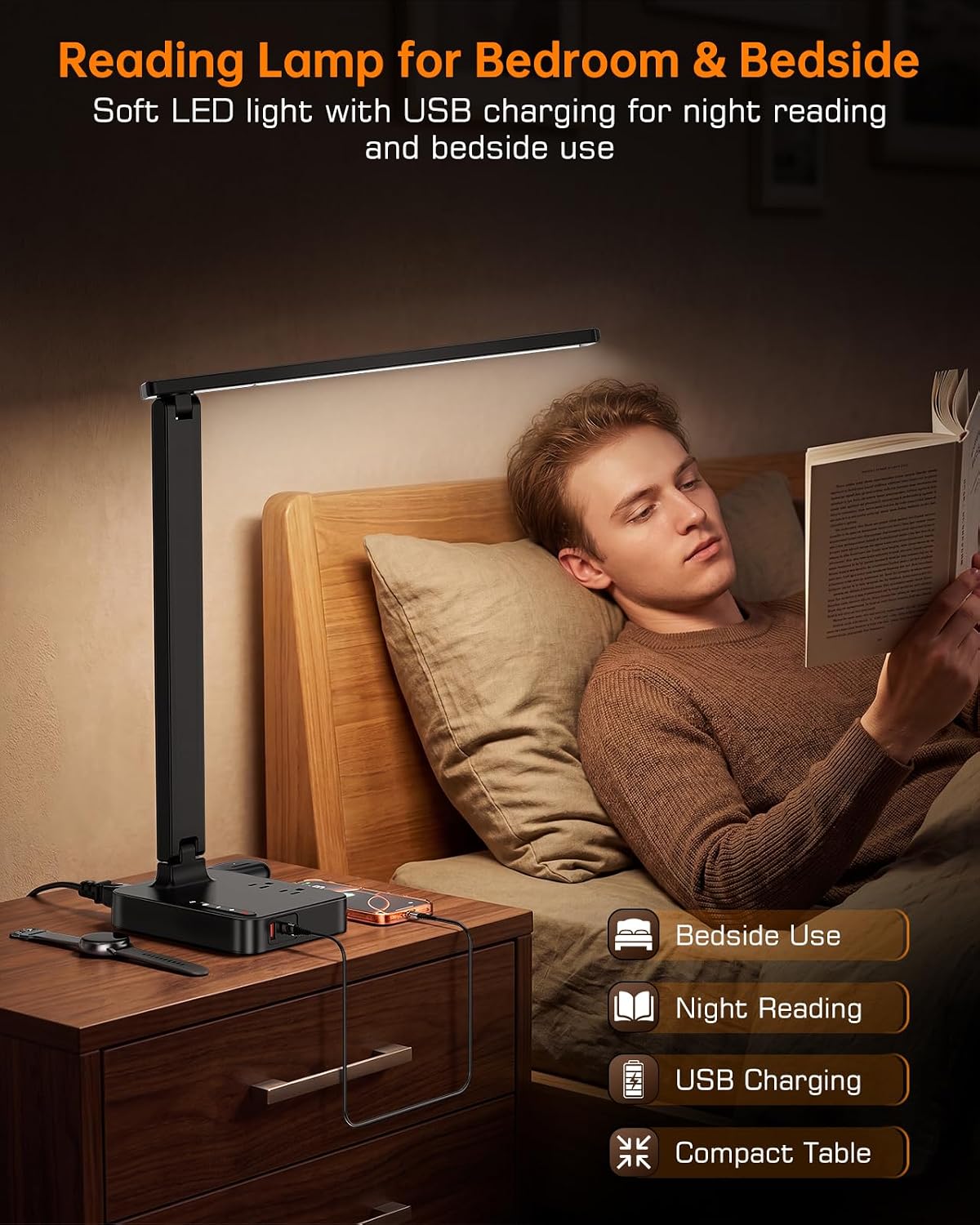 cozoo LED Desk Lamp for Dorm Office, USB-C & 2 AC Outlets Charging, Black | 2 USB Charging Ports(1 USB-C), 2 AC Outlets, 3 Lighting Mode, 3 Level Brightness Modern Foldable LED Desk Lamp for Dorm Room