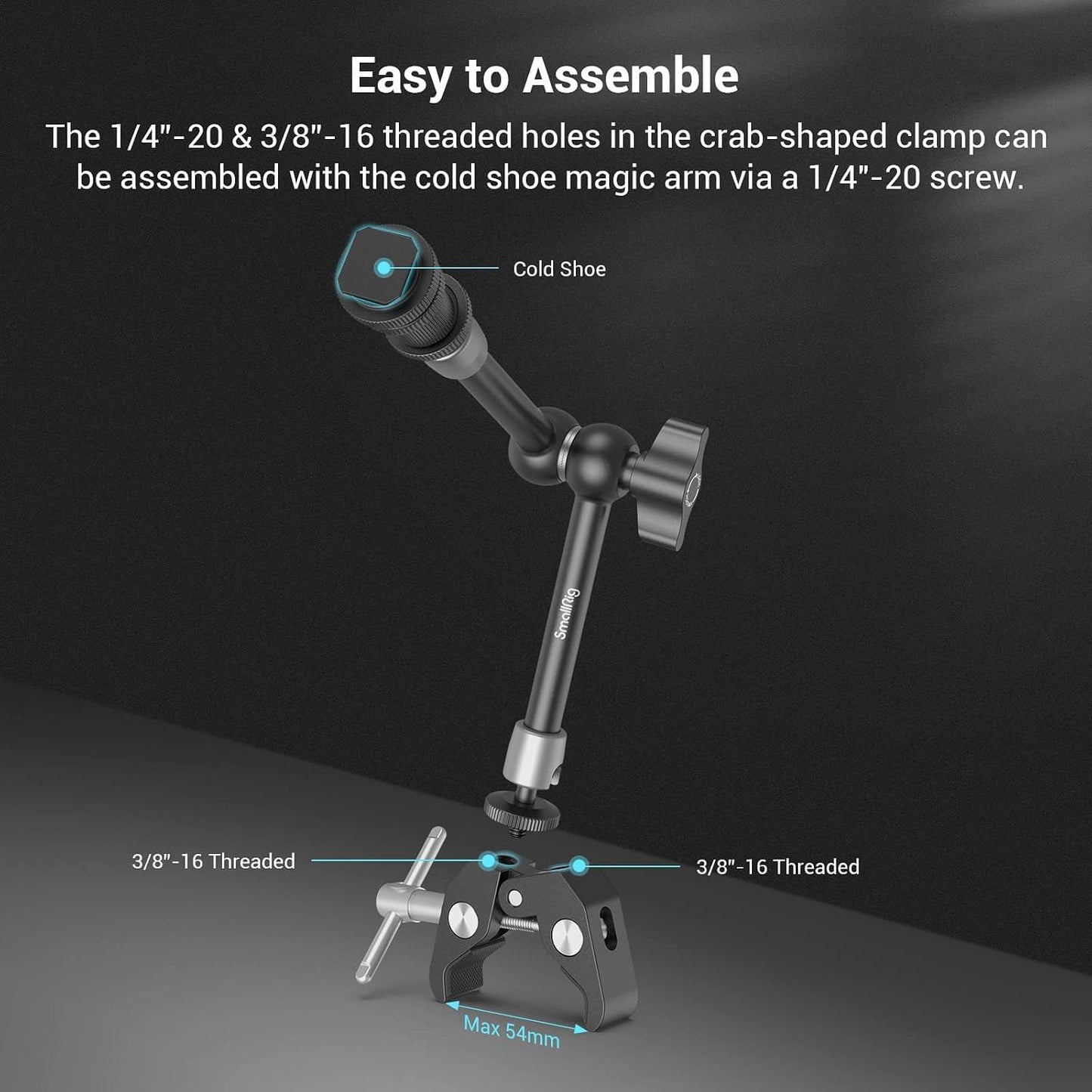 SMALLRIG 11'' Articulating Magic Arm and Clamp w/ 1/4" and 3/8" Thread, Adjustable Friction Power Camera Mount with Cold Shoe Mount for Monitor, LED Lights, Mic, for DJI/Insta360 Action Cameras - 3726