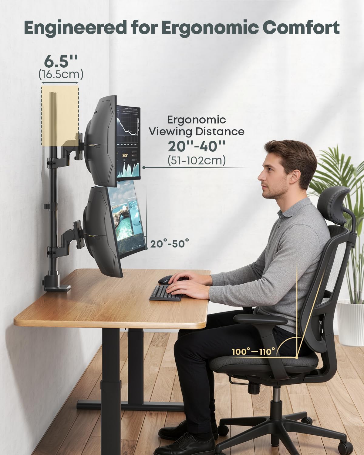 Dual Ultrawide Monitor Mount for 24-57'' Screens, Max Load 59.4 lbs per Arm | Vertically Stacked, Heavy Duty, Aluminum, Fully Adjustable, Topside Clamp/Grommet Mounting, VESA 75/100 mm, Black