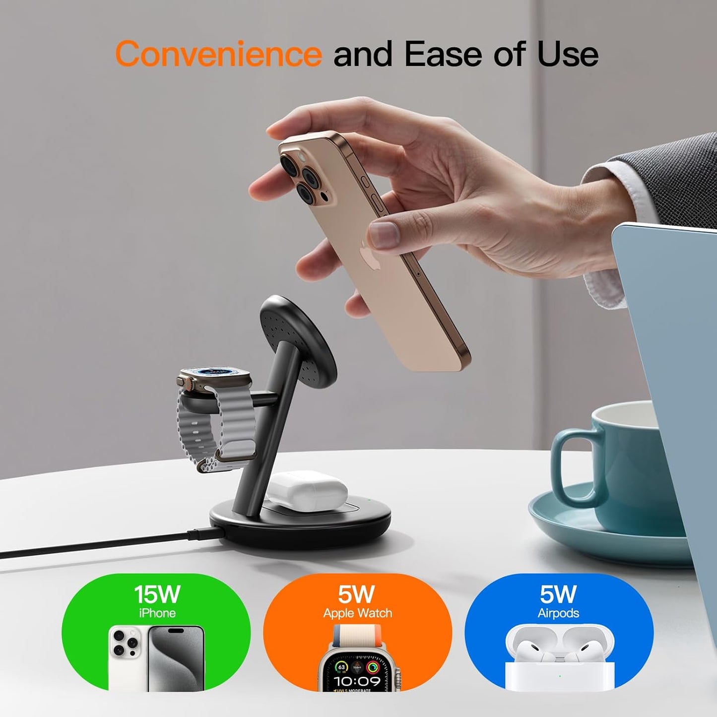 3 in 1 Magnetic Wireless Charger Stand for iPhone Apple Watch AirPods | for Apple Watch 5W Fast Charger,15W Magnetic Charging Station for iPhone 17 16 15 14 13 12 Series Wireless Charging Station