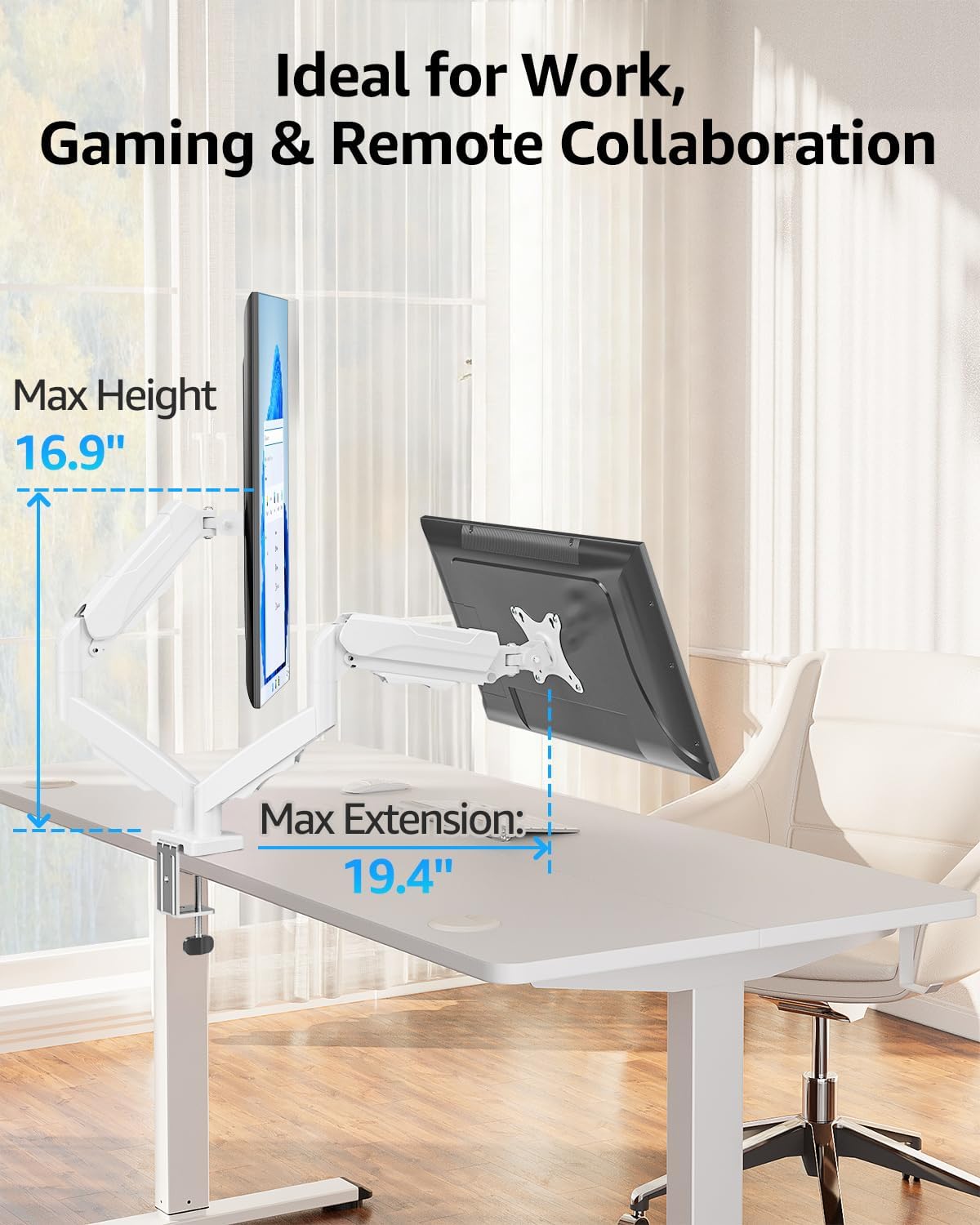 MOUNTUP Dual Monitor Stand for Desk, Monitor Arms for 2 Monitors Max 32 Inches, Height Adjustable Double Monitor Mount, VESA Mount with C-Clamp & Grommet Base, Holds 4.4-17.6lbs, White