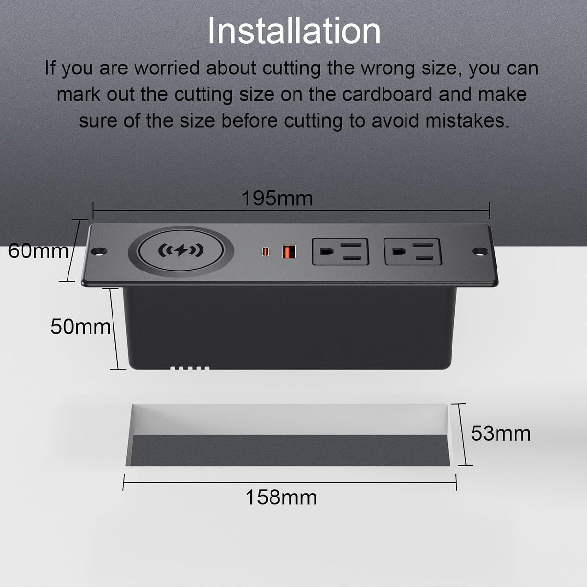 Recessed Power Strip with 15W Wireless Charger, Haiaoyyds Flush Mount Power Strip with 2 Outlets, 2 USB, and 6.56FT Flat Plug Cable, Furniture Recessed Outlet for Drawer, End Table, Sofa, Cabinet