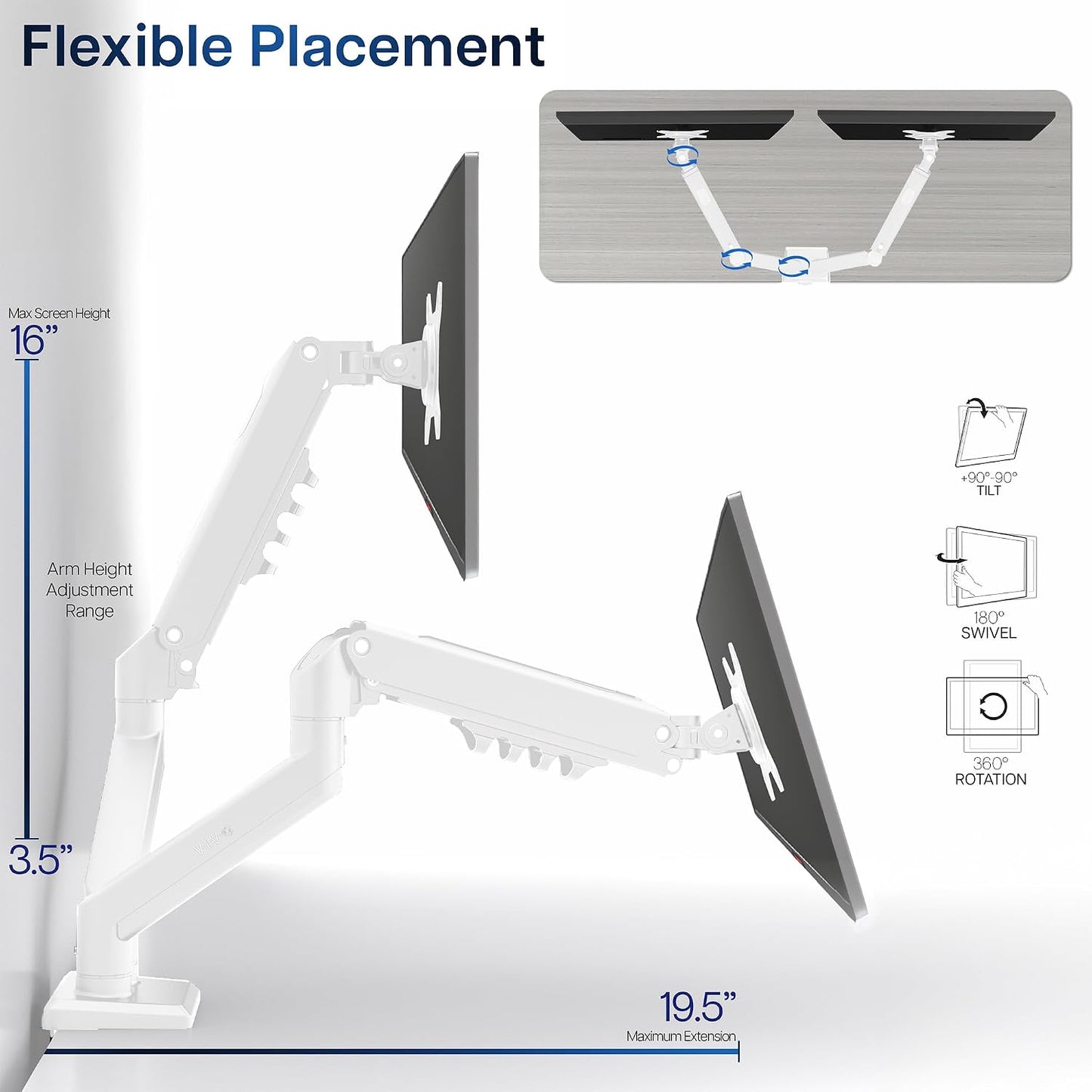 VIVO Aluminum Articulating Dual Monitor Arm for 13 to 30 inch Screens, Desk Mount Tension Spring Monitor Stand for 2 Screens, White, STAND-V102OW