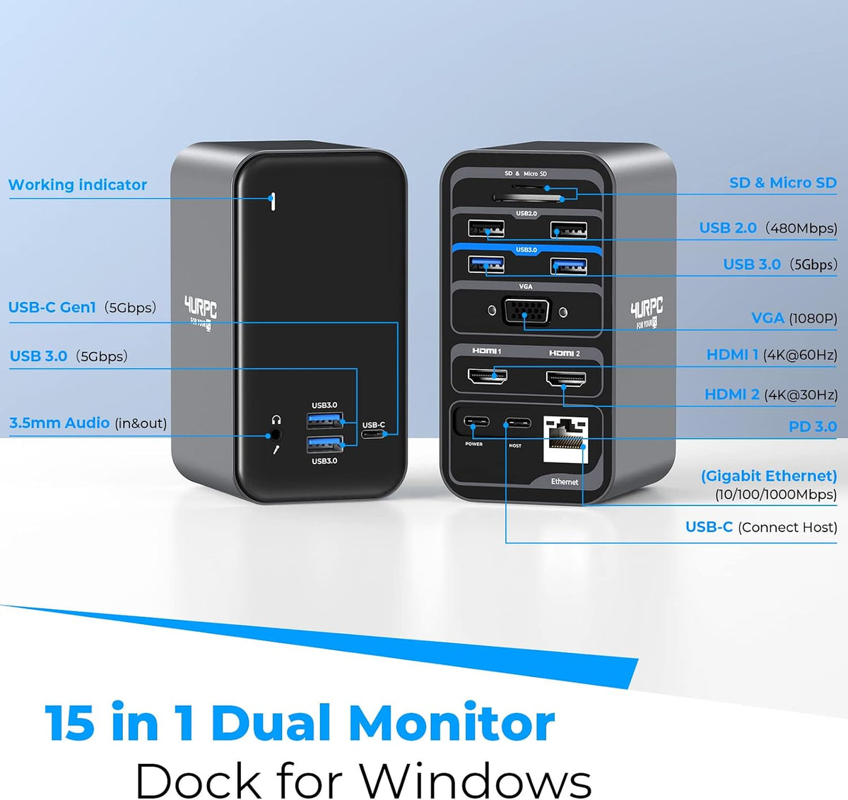4URPC USB C Docking Station Dual Monitor 7 USB A/C, Plug and Play