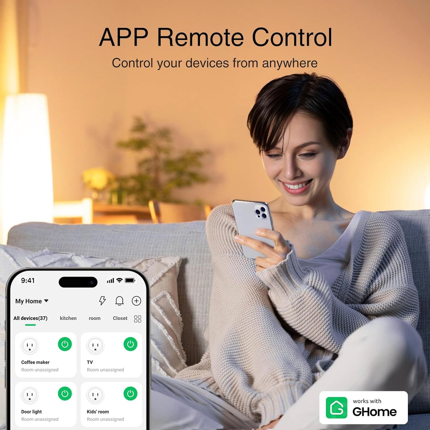 GHome Smart Plug, WiFi Smart Plugs Work with Alexa and Google Home, Smart Outlet Timer with APP Remote Control, 2.4GHz Wi-Fi Only, No Hub Required, ETL FCC Listed