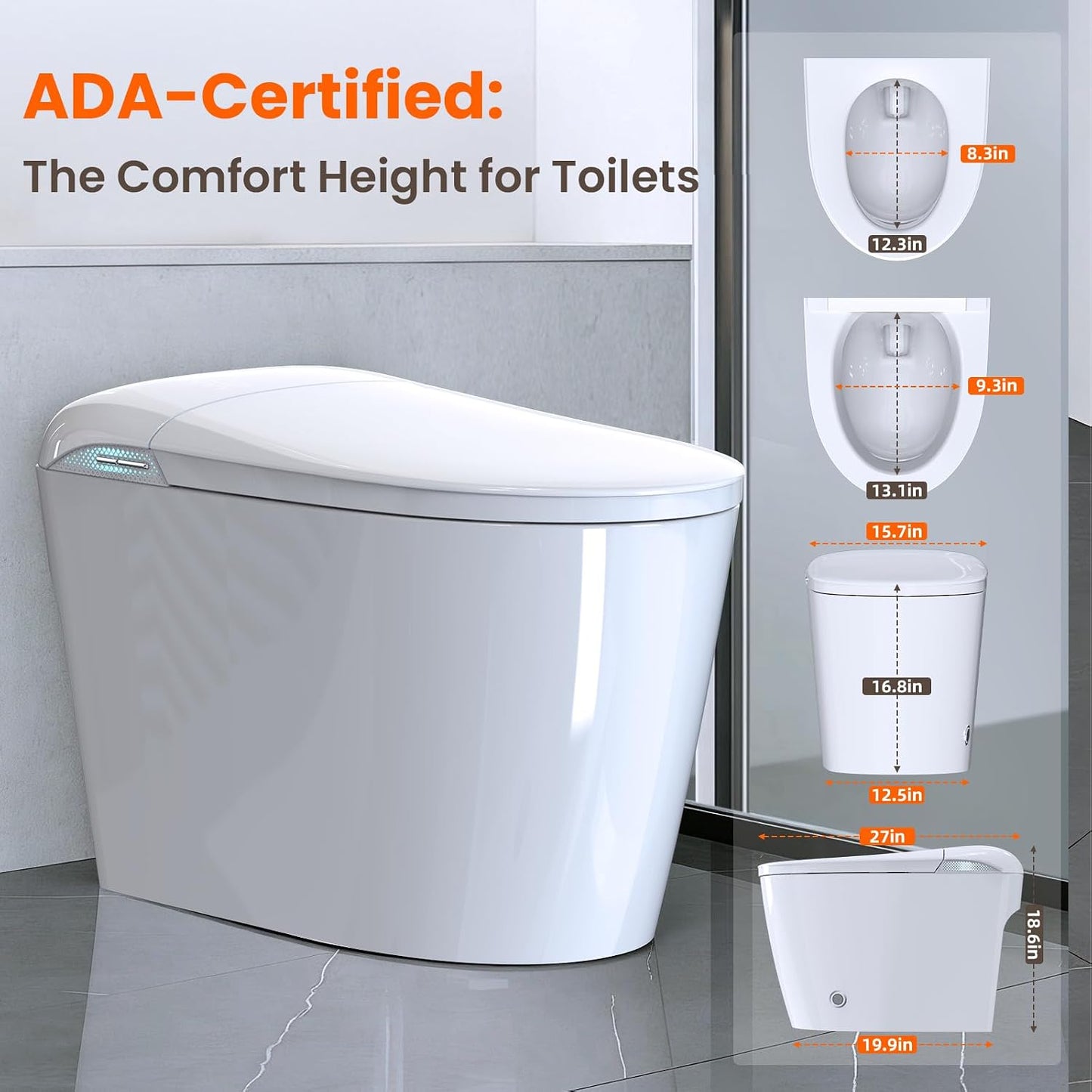 Smart Toilet with Tank, No Water Pressure Limit, Automatic Lid Open/Close, Foot Sensor Bidet Toilet, Built-in Fragrance, Warm Air Dryer, ADA Compliant Height Bidet Toilet for Bathroom