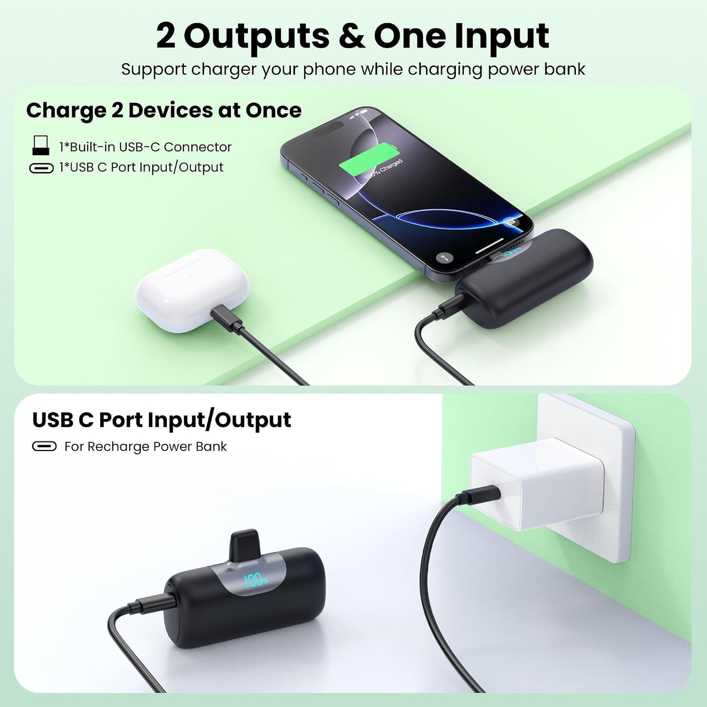 [2-Pack]5500mAh Portable Charger for iPhone 17/16, LCD Display USB C Mini Power Bank, PD Fast Charging Travel Lipstick Sized Battery Pack for iPhone 17/16/15 Pro Max, Samsung Galaxy S25/S24, Pixel etc