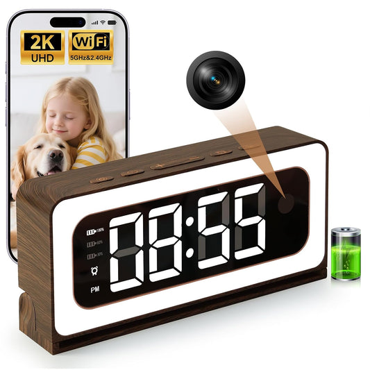 Clock Camera,Wood Grain,5G/2.4GHz WiFi Nanny Cam w/Alarm,2K Indoor Secuirty Camera,Color Night Vision,Dimmable Night Light, AI Human Detection,5200mAh Rechargeable Battery,SD & Cloud Storage,Pet,Baby