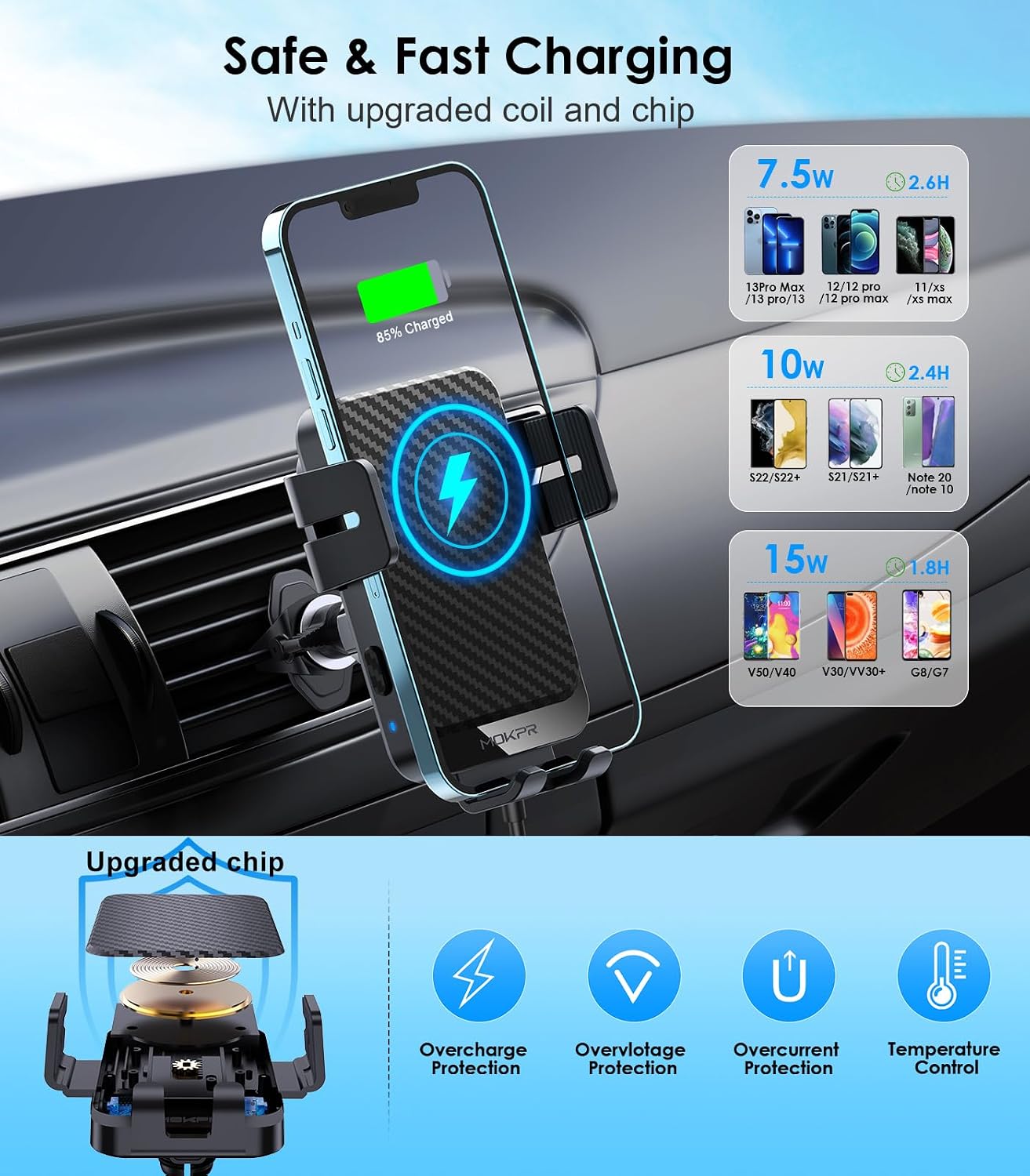 Wireless Car Charger 15W Fast Charging Auto-Clamping Air Vent Phone Mount | Cell Phone Holder Car Charger Compatible with iPhone 17 16 15/14/13/13 Pro/12 pro/12, for Samsung Galaxy Series