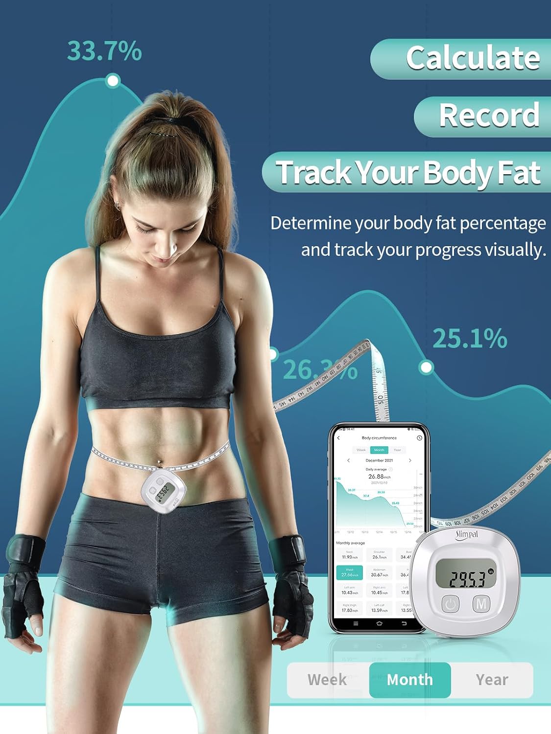 Slimpal Smart Body Measuring Tape, FSA Eligible HSA Tape for Weight Loss | Digital Bluetooth Body Tape Measure with App, Retractable Waist Hip Bust Arm Measuring Tape for Body Fat BMI Fitness Tracking