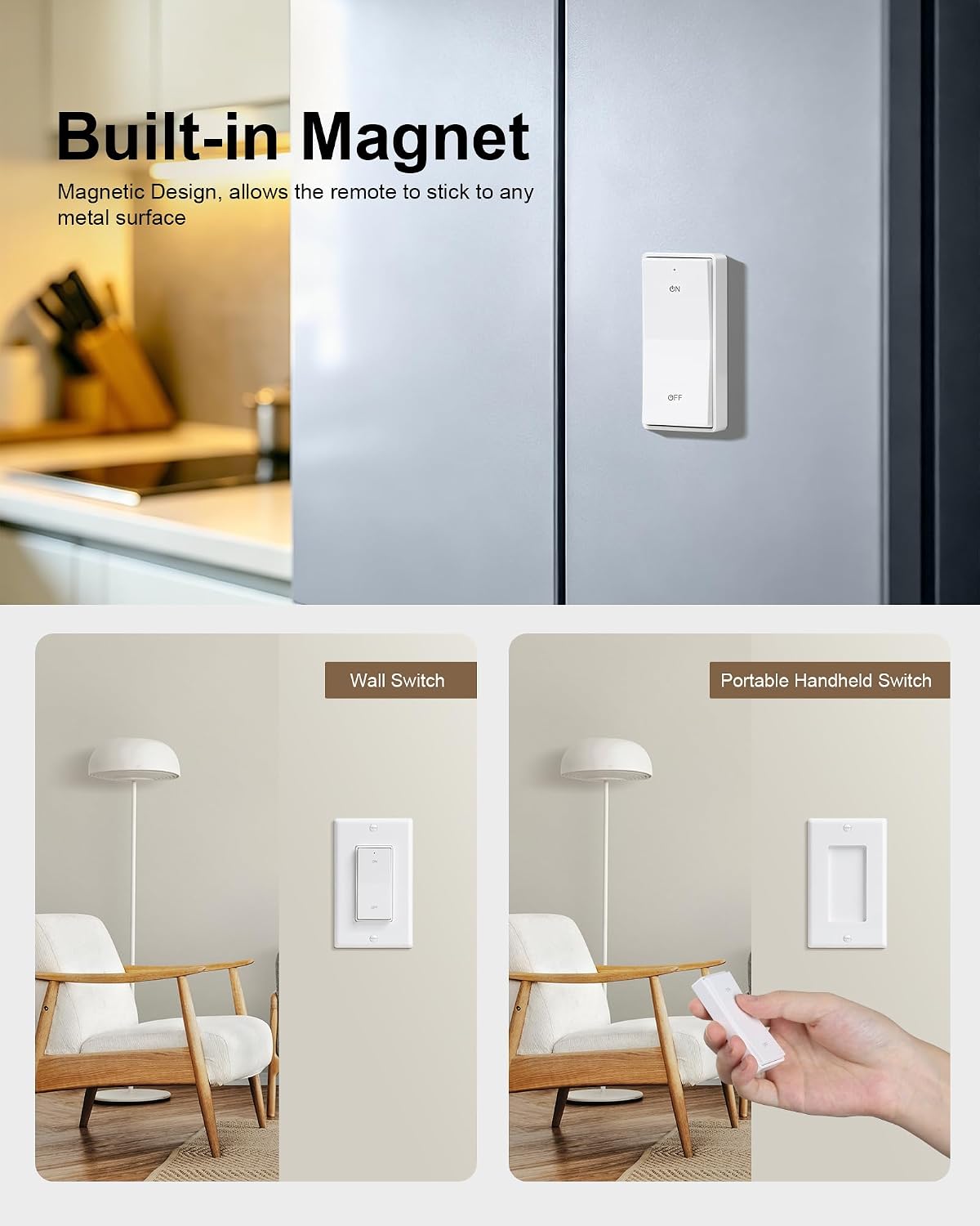 Remote Control Outlet Plug with Decorator Rocker Wall Switch | 200FT Wireless Range, Mini Round Plug, 15A/1875W, for Lamps/Lights/Household Appliances, FCC listed, Pre-Programmed