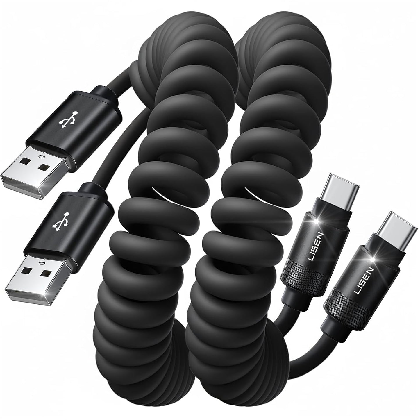 LISEN Coiled USB-A to USB-C Cable 2 Pack Android Auto Cable Car Cord | for CarPlay Cable, Gifts for Men Women Compatible with iPhone 17/16/15, Samsung Galaxy S25/S24/S23 A15/A14, Black 4FT