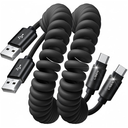 LISEN Coiled USB-A to USB-C Cable 2 Pack Android Auto Cable Car Cord | for CarPlay Cable, Gifts for Men Women Compatible with iPhone 17/16/15, Samsung Galaxy S25/S24/S23 A15/A14, Black 4FT