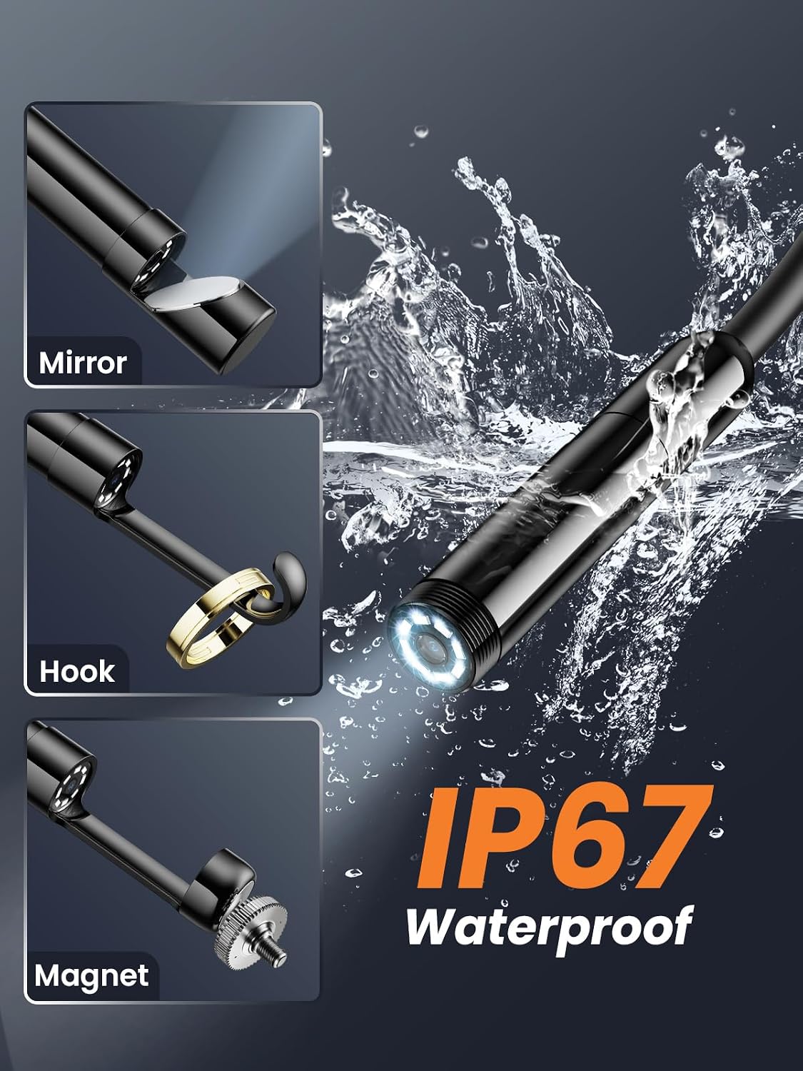 Endoscope Camera with Light, 1920P HD Borescope with 8 LED Lights, 16.5 FT Semi-Rigid Snake Inspection Camera, IP67 Waterproof Drain Pipe Borescope Mens Tool for iOS and Android