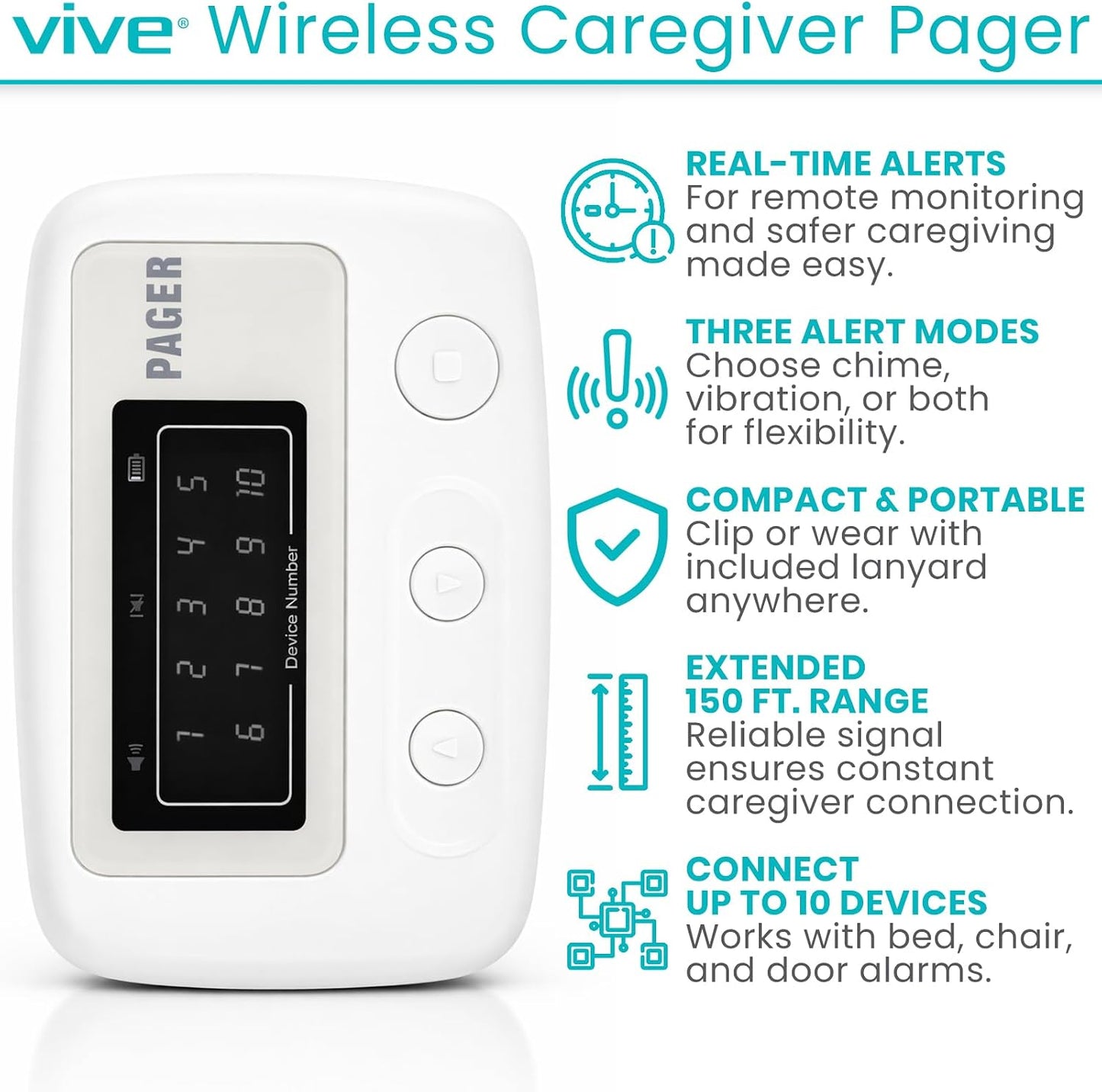 Vive Wireless Caregiver Pager - Nurse Alert for Dementia Patients - Smart | Portable Medical System for Caretaker - Connects to Call Button, Door, Window, Bed, Chair, Floor Alarm Pads