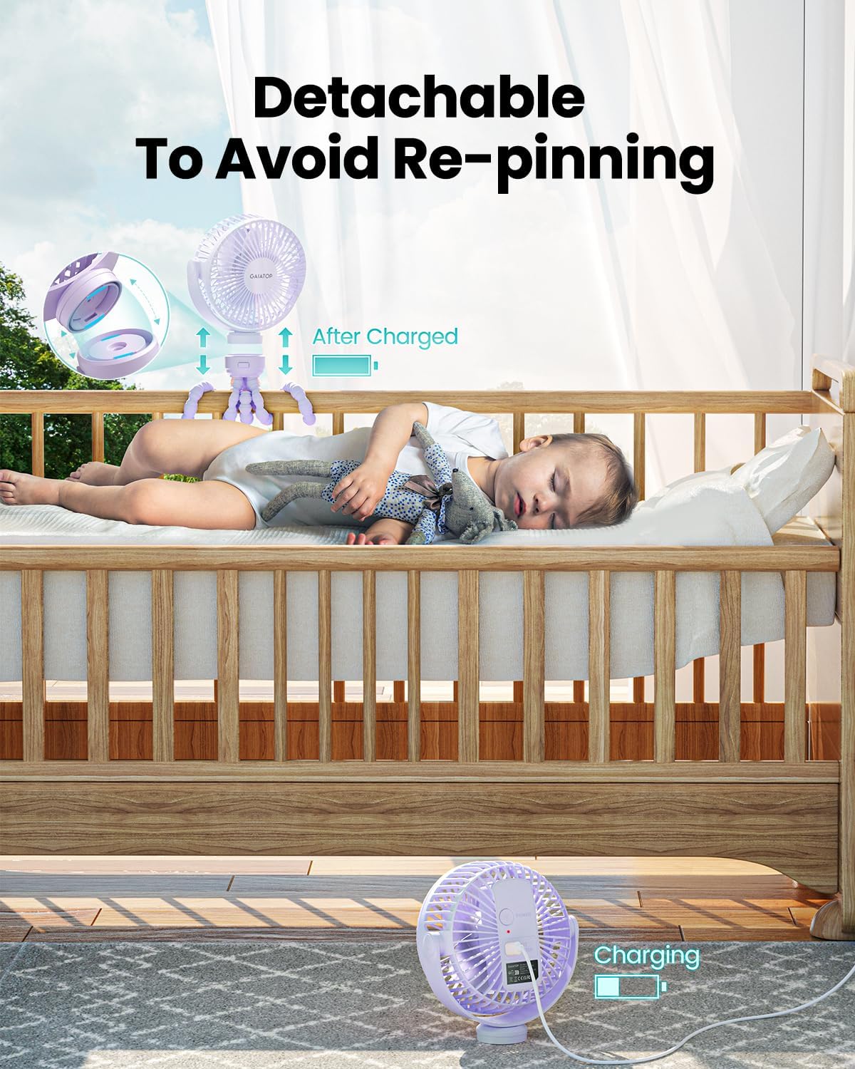 Gaiatop Mini Electric Fan with 360 Rotation, 5.5mm Gaps, Rechargeable Battery, 3 Speeds, Purple | 360° Rotate Flexible Tripod, Battery Operated Detachable, Cooling for Car Seat Crib Treadmill Travel Purple