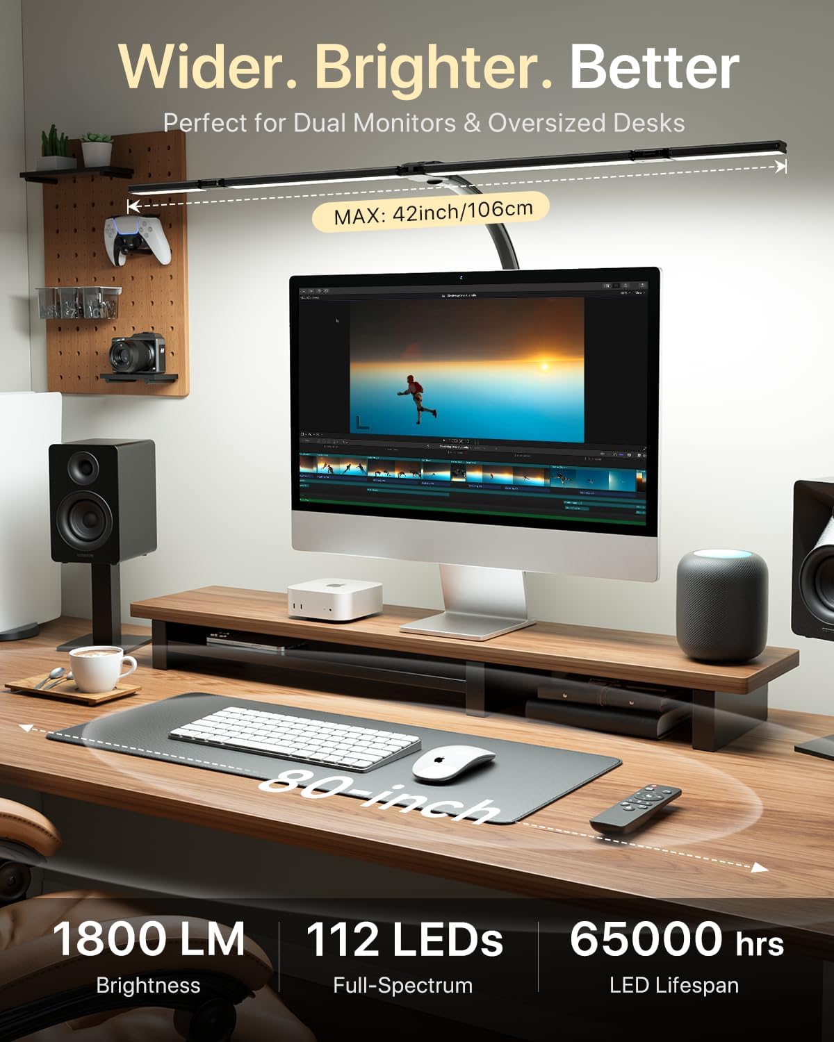 ONEMIX LED Desk Lamp with Clamp, 42-Inch 4-Panel Light for Dual Monitors | 1800 Lumens, 4 Adjustable Panels, 5 Color Temps, 5 Brightness Levels, Remote, Timer, Flicker-Free for Home Office