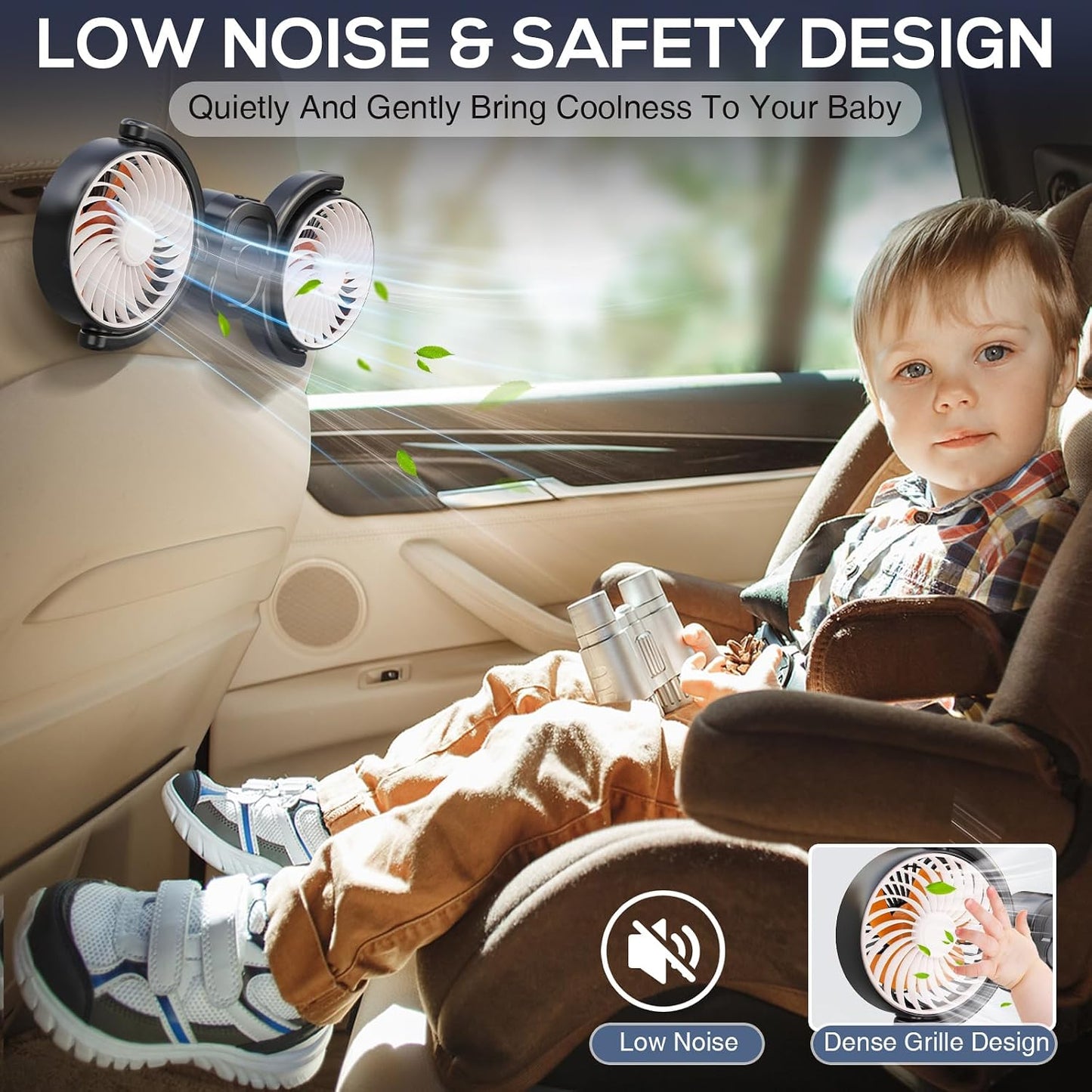 Dealswin Rechargeable Car Fan for Back Seat, Battery and USB Dual Power Car Fans for Baby Kids, Powerful 3 Speeds 360° Rotatable Dual Head Cooling Car Seat Fan