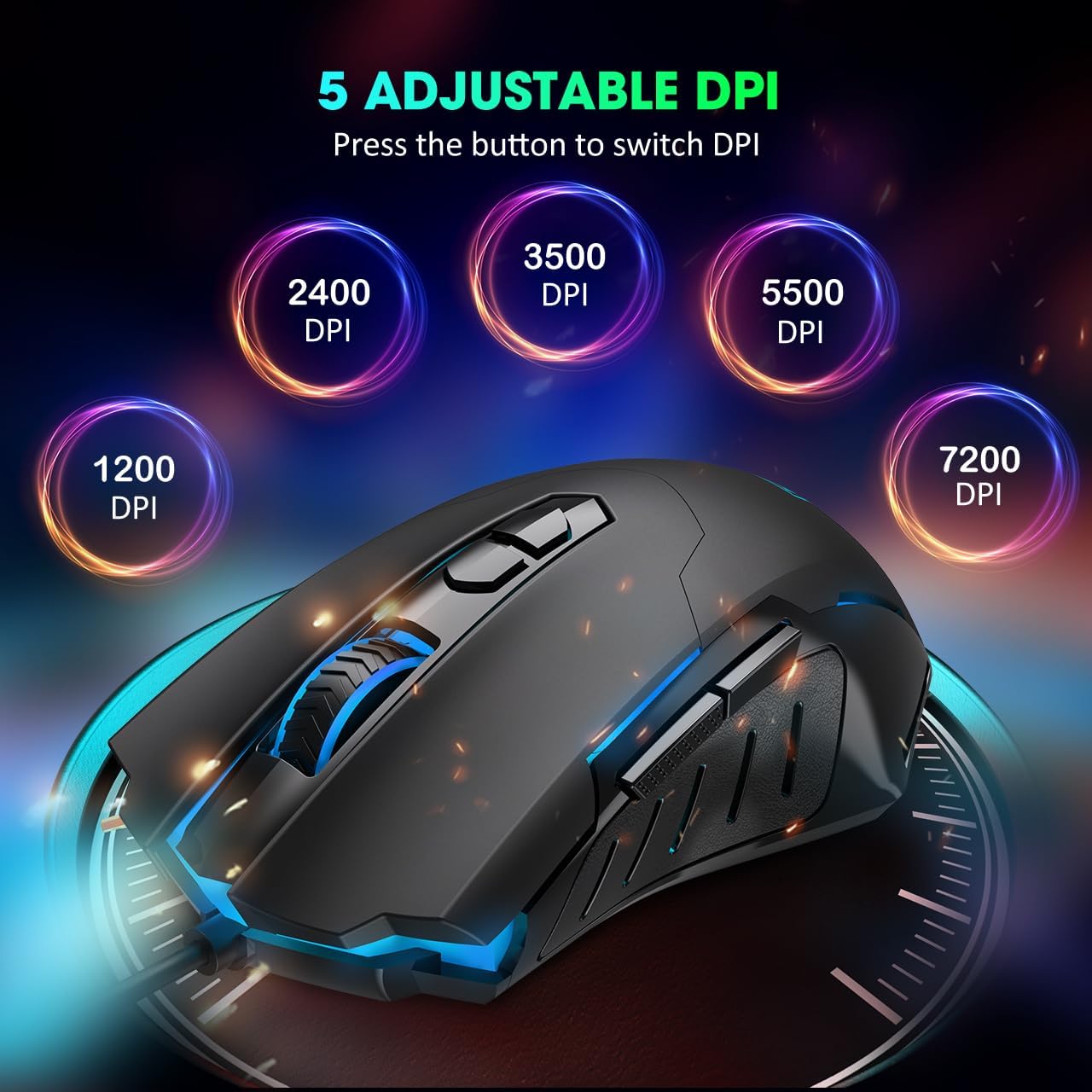Wired Gaming Mouse, Ergonomic Mice, 7 Buttons 7200DPI for Laptop PC Gamers | Adjustable 7200 DPI, colorful RGB LED lighting, durable wired connection, great for gaming, daily work and office computer