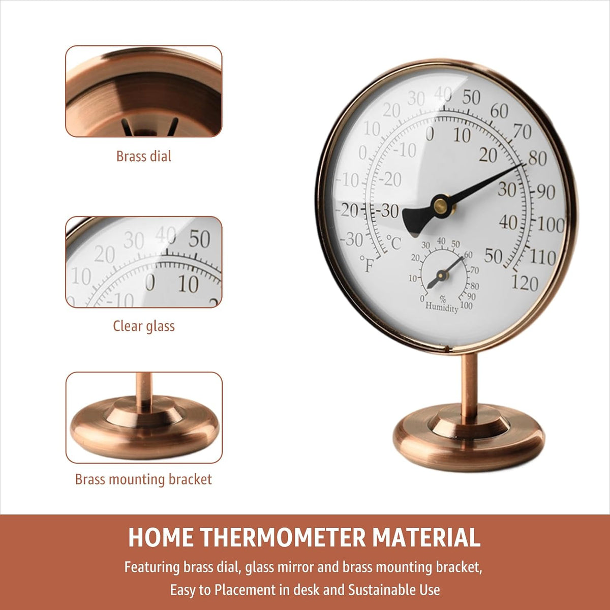 4" Indoor Thermometer & Humidity Gauge, Brass Dial with Stand