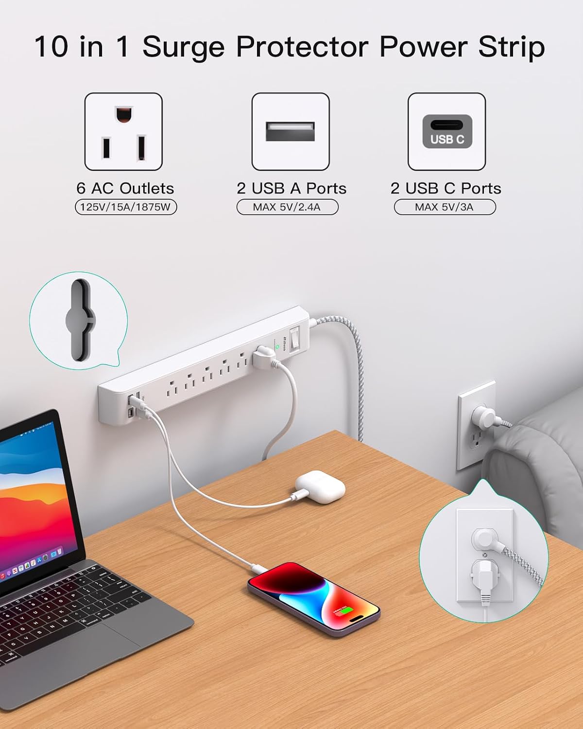 Mifaso 2 Pack Power Strip, 12FT Long Extension Cord, 1080J Surge Protector | 6 AC & 4 USB (2 USB C), Flat Plug Overload Protection, Heavy Duty, Wall Mount Charging Station for Home, Office, Dorm College