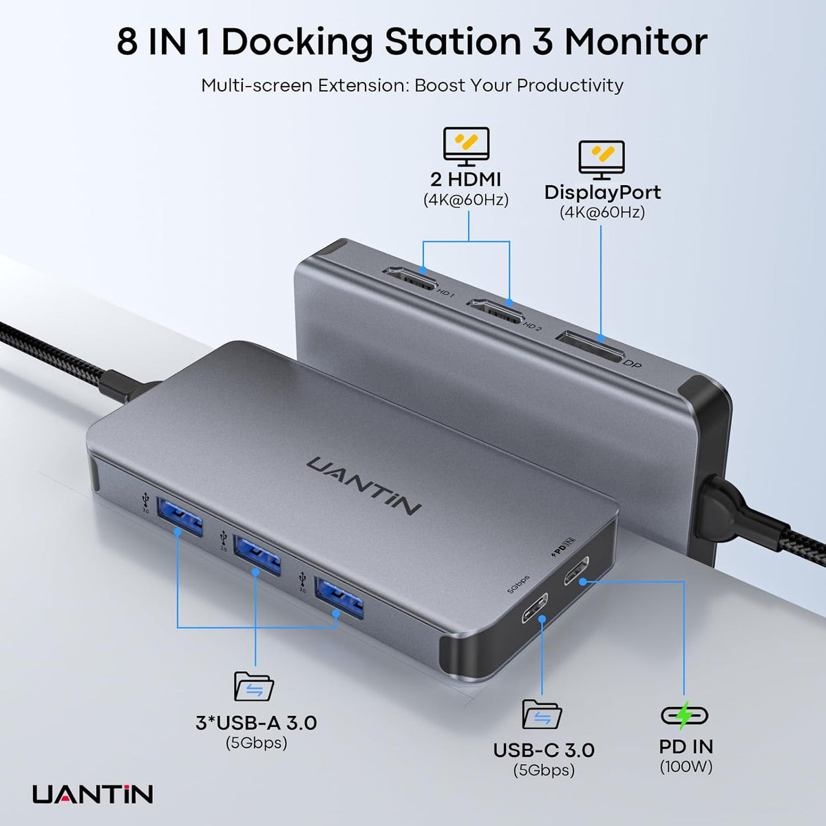UANTIN Laptop Docking Station 3 Monitors, 8-in-1 USB C Dock with 2 HDMI, DP