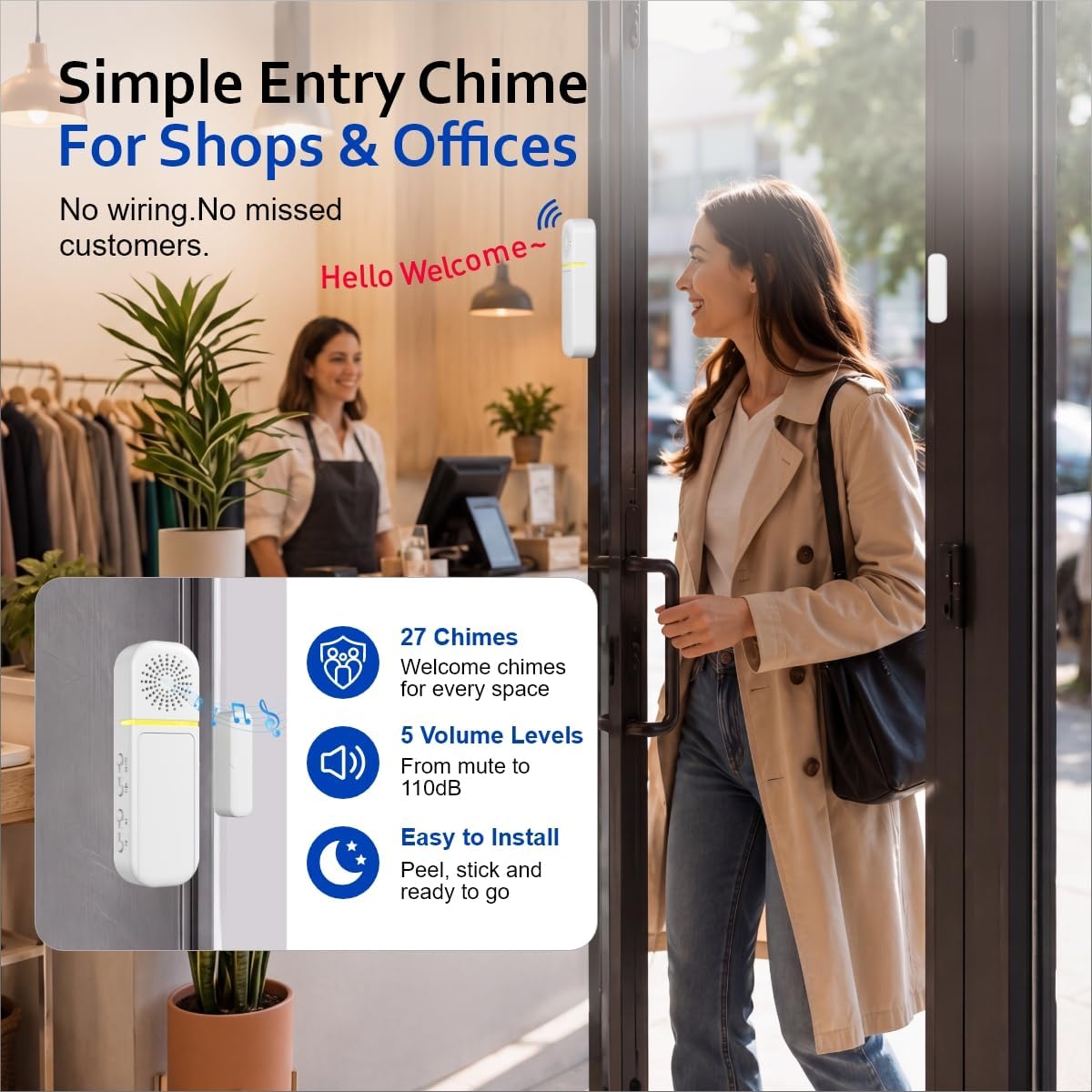 SanJie Door Left Open Alarm&Door Chime,Instant/30s/1min/2min Delay,1 Sensor | Door Alarms for Dementia/Kids Safety, Door Left Open Alarm for Business, Home, Fridge, Pool, Garage, 0-110dB, 27 Chimes