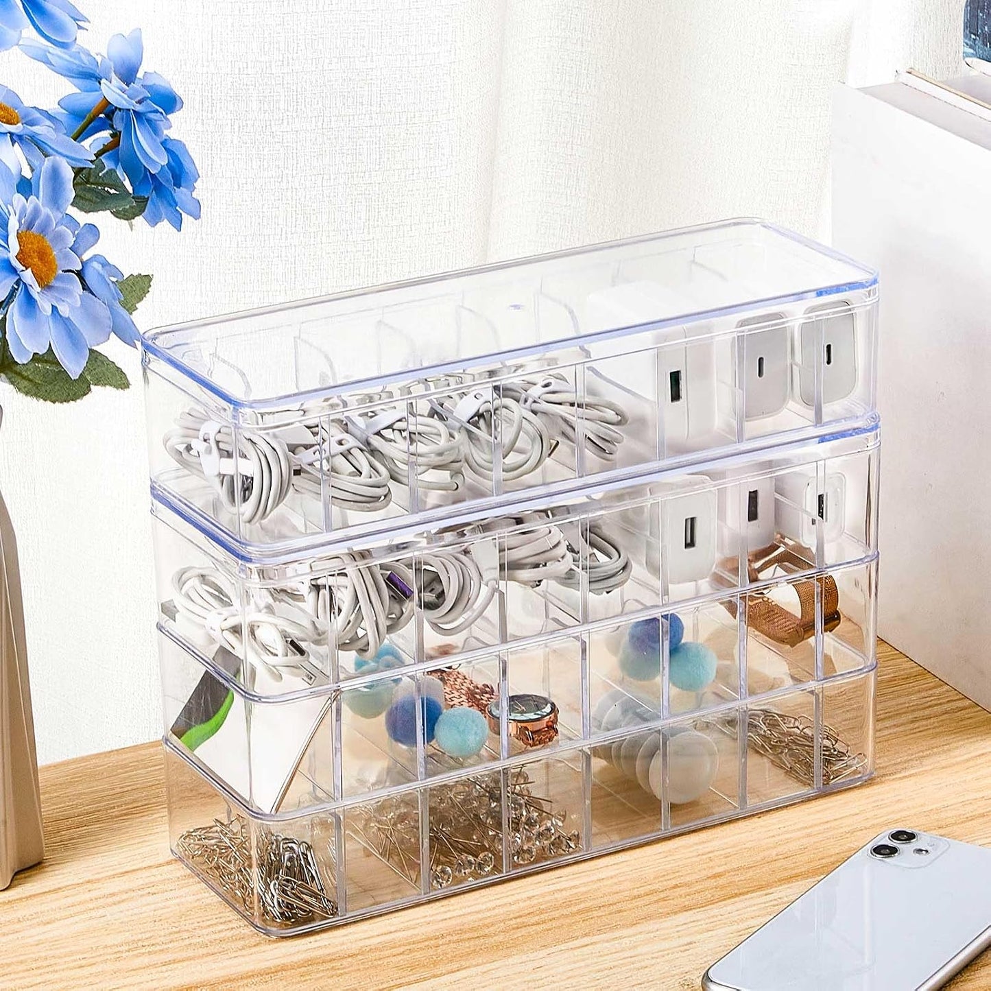 Tatuo 2 Pcs Cord Organizer for Drawer Desktop, Cable Organizer Box with 8 Compartments and Wire Ties, Plastic Charger Storage with Lid, Electronics Case for Home Office Accessories (Small,Clear)