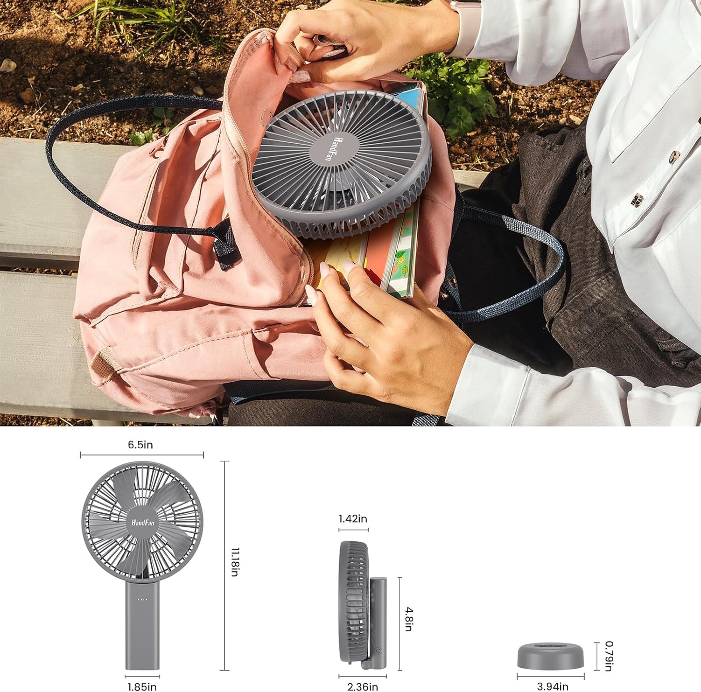 HandFan Quiet 6 Inch Handheld Fan [34H Max Cooling Time], 6 Speed Rechargeable Personal fan and Desktop with Base, 180° Foldable for Travel Concerts Makeup Office (Grey)