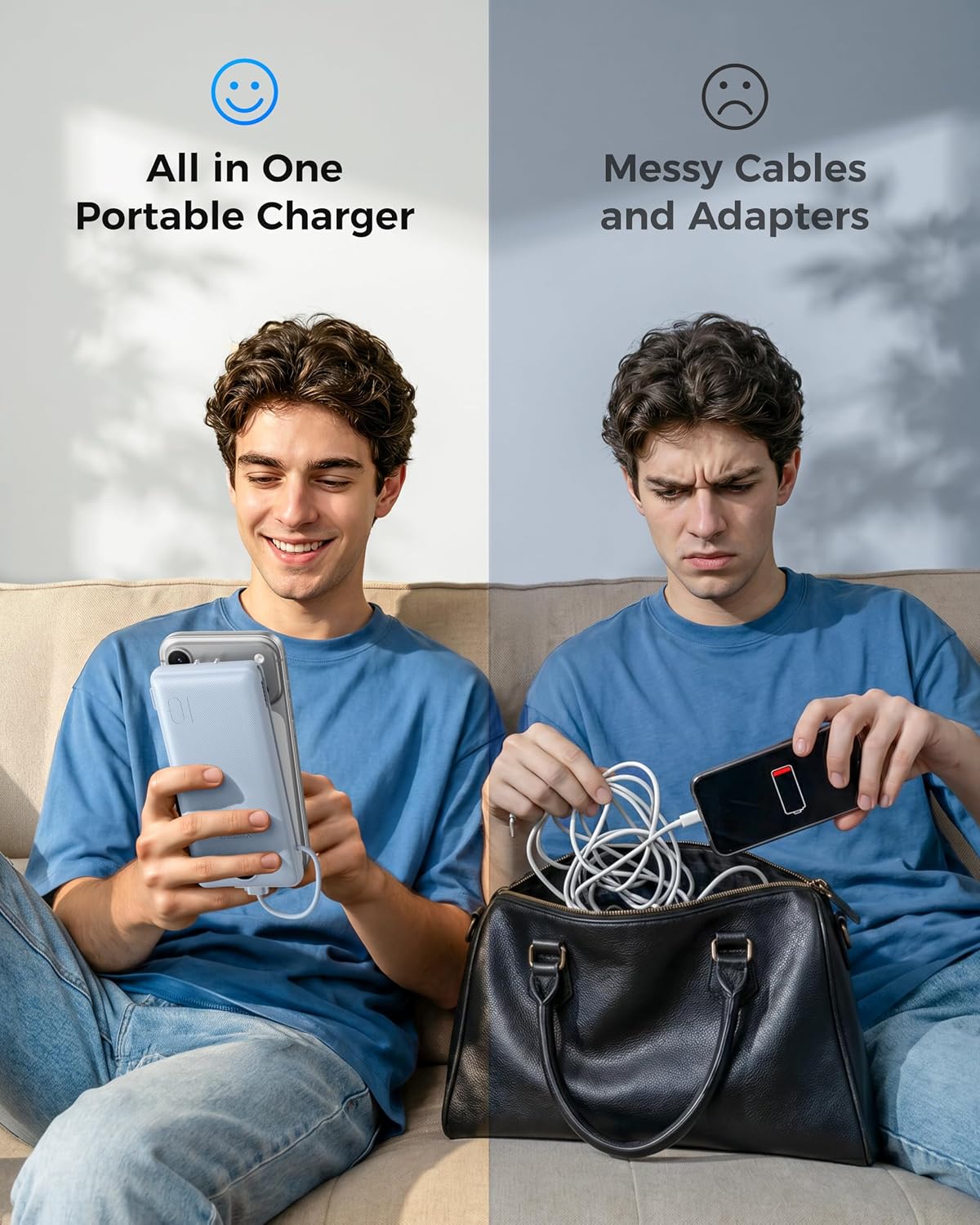 VEGER Portable Charger for iPhone, Power Bank Built in Cable and Wall Plug | 10000mAh Slim USB C Battery Pack, Travel Essentials for Camping Cruise Business Trip, Compatible with Smart Devices, Blue