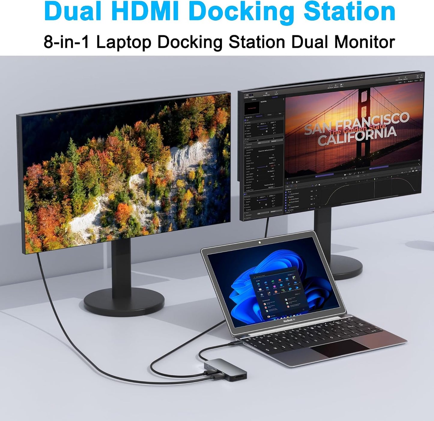 Docking Station Dual Monitor for Dell/HP/Lenovo/Mac Laptop, USB C Laptop Docking Station Dual Monitor, Dual HDMI Adapter for 2 Monitors, 8 in 1 USB C Hub Multiport Adapter with HDMI/USB/PD/SD/TF