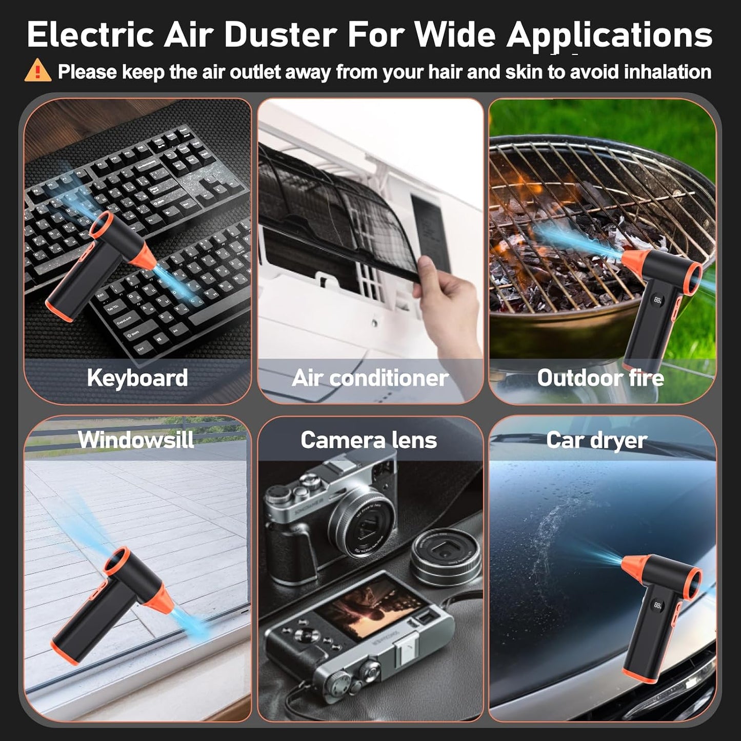 Compressed Air Duster Rechargeable Electric Air Duster for PC Keyboard Mini Dust Blower 130000RPM Cordless Air Blower Jet Dryer Turbo Fan Handheld Blower for Car Home Office, Black-Orange