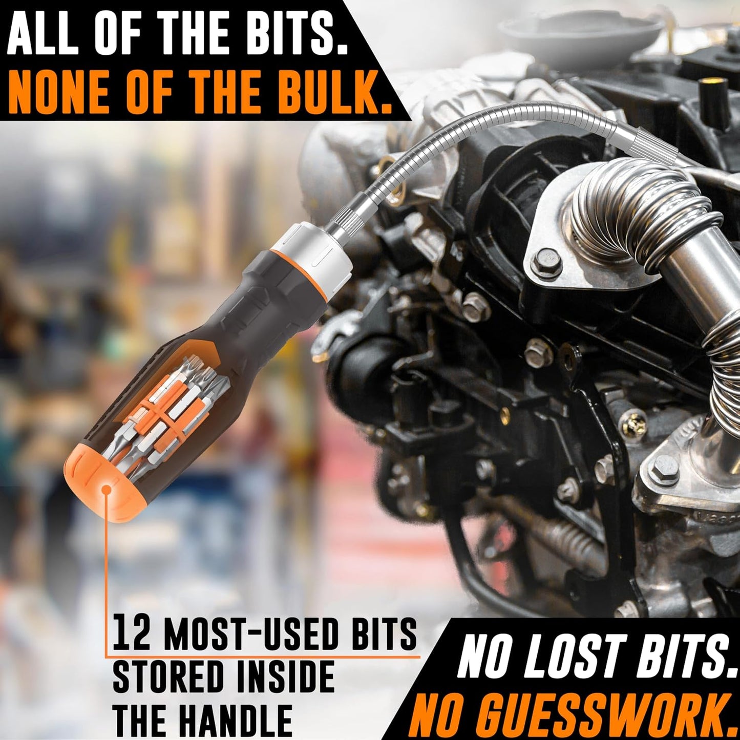 Mutt Tools Flexible Screwdriver Set 12-in-1 with Bendable Shaft & Torx Bits | 12-in-1, Flexible Shaft, 90 Degree Bend, Ratcheting, Tight Spaces