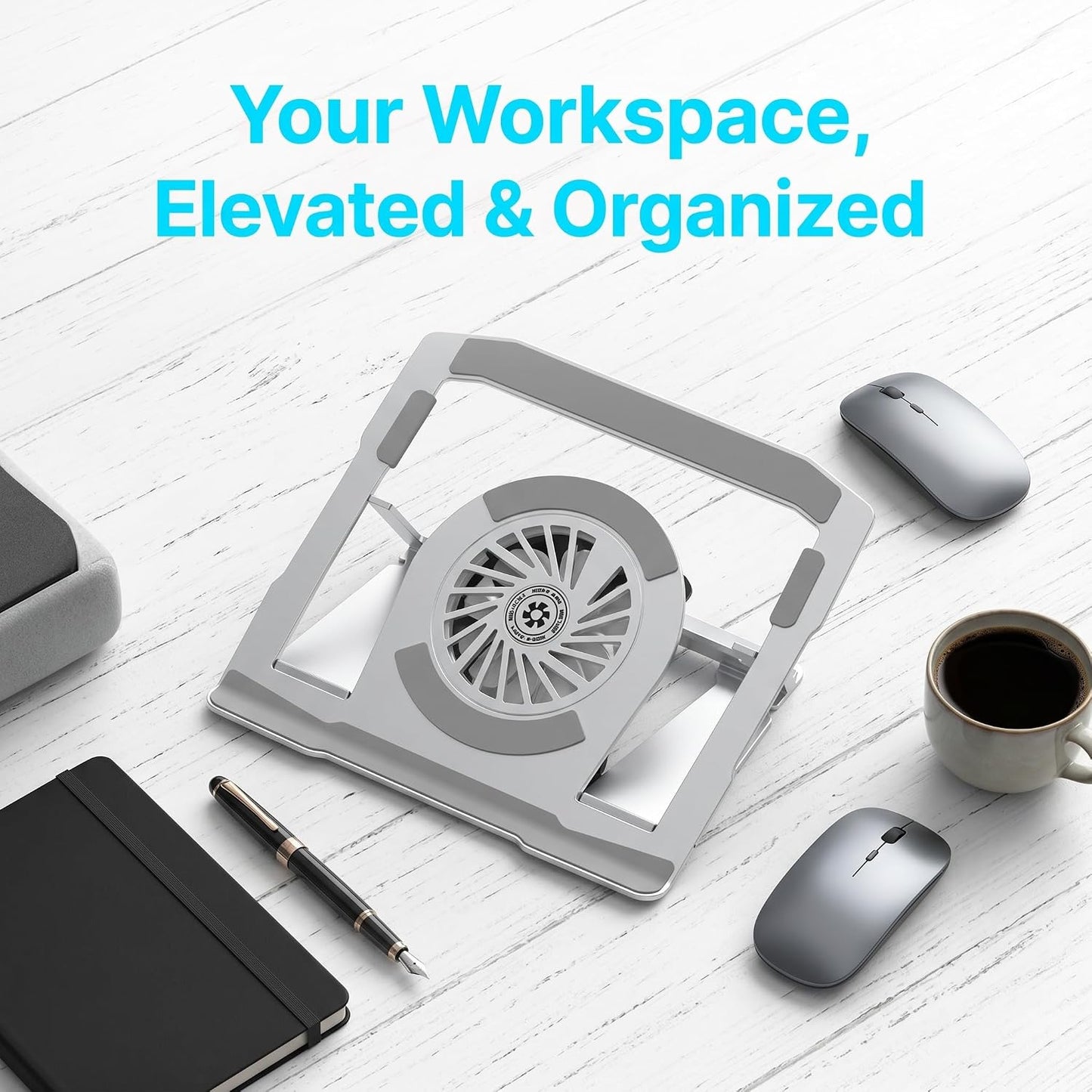 BudddhiGear Laptop Stand, Aluminum Heat Dissipation, Built-in Fan, 6 Height Adjustment, Rotatable, for Laptop
