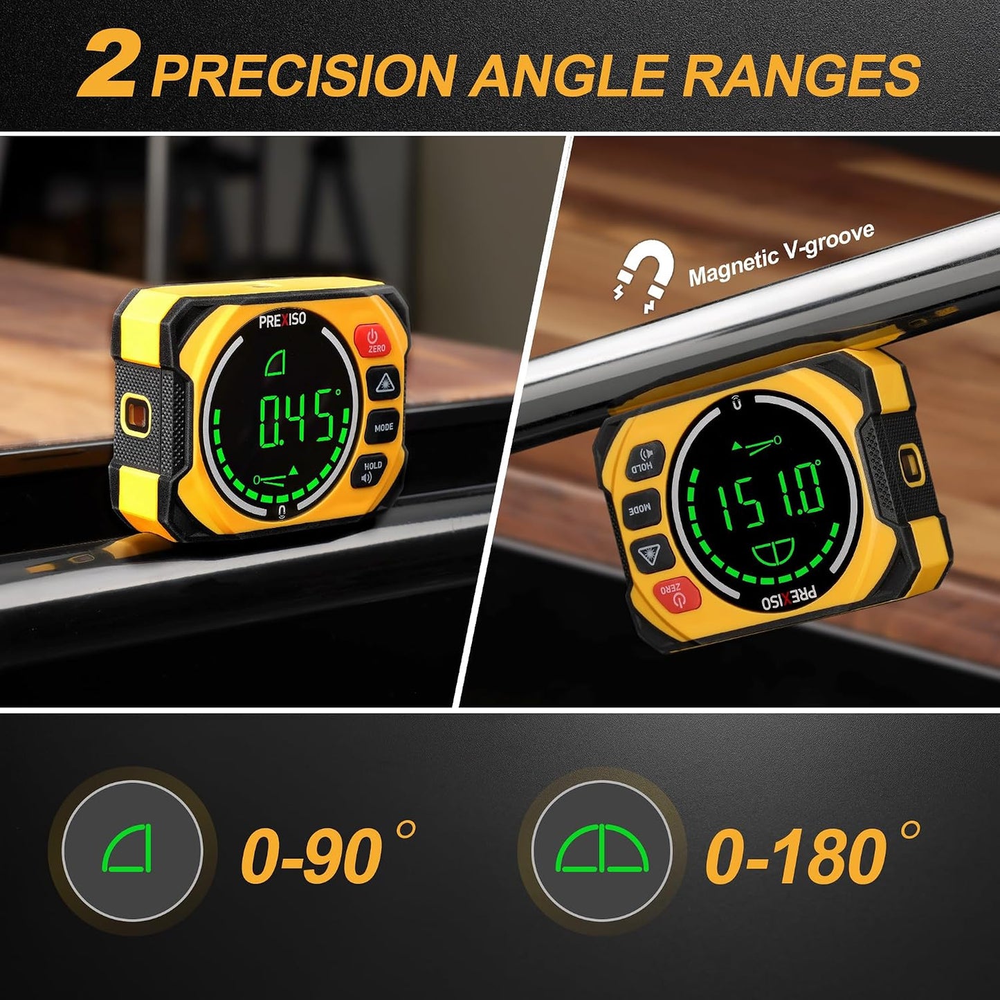 PREXISO 3-in-1 Magnetic Digital Angle Gauge, Digital Level with Laser Level | 0-90° & 0-180° Rechargeable Digital Electronic Level, Wall Mount, Angle Finder, Cross Line for Woodwork, Saw, Hanging Frames