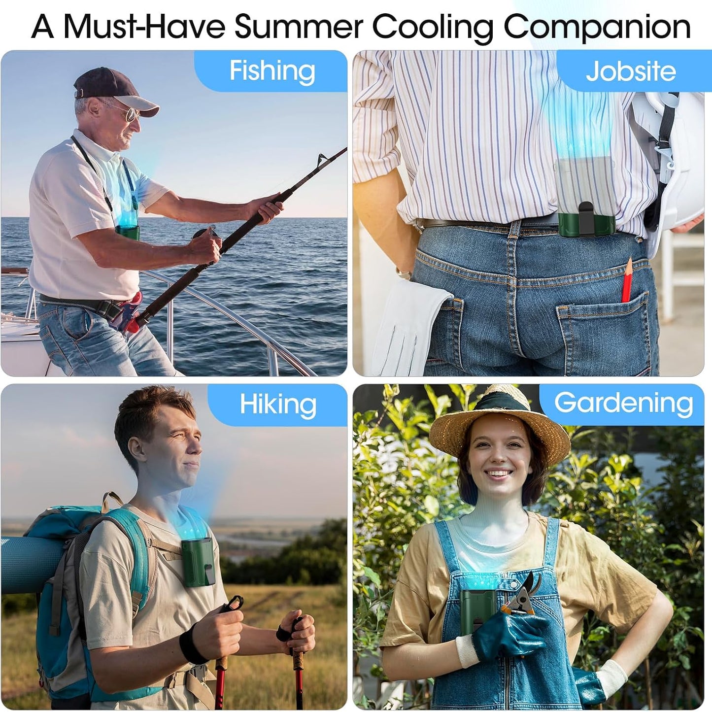 Heelkl 2026 AI Portable Fan Rechargeable, 4 Speeds Strong Airflow, Personal Waist Fan with up to 25H of Working Time, Hanging Neck Fan, Wearable Belt Fan for Camping, Outdoor, Jobsite - Green