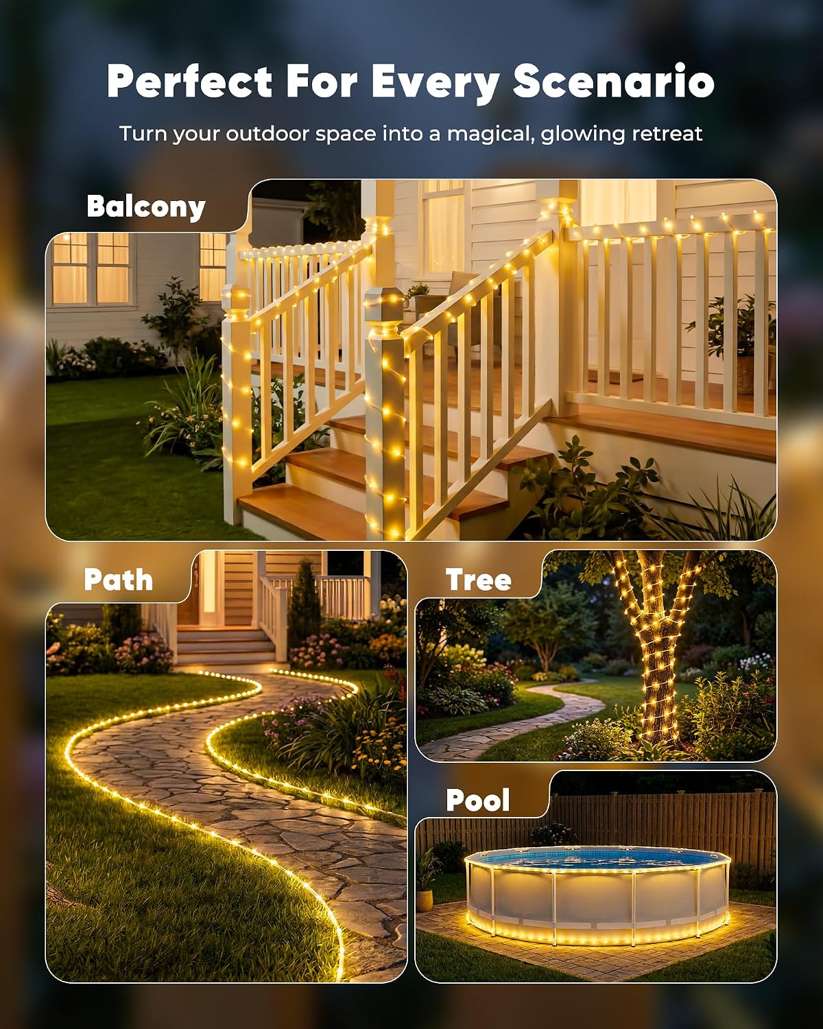 Brightown 39FT 100LED Solar Rope Lights Outdoor Waterproof, Warm White | IP65 Solar Powered Fairy Lights with 8 Lighting Modes, Outdoor String Lights for Party Garden Yard Holiday Tree Decoration