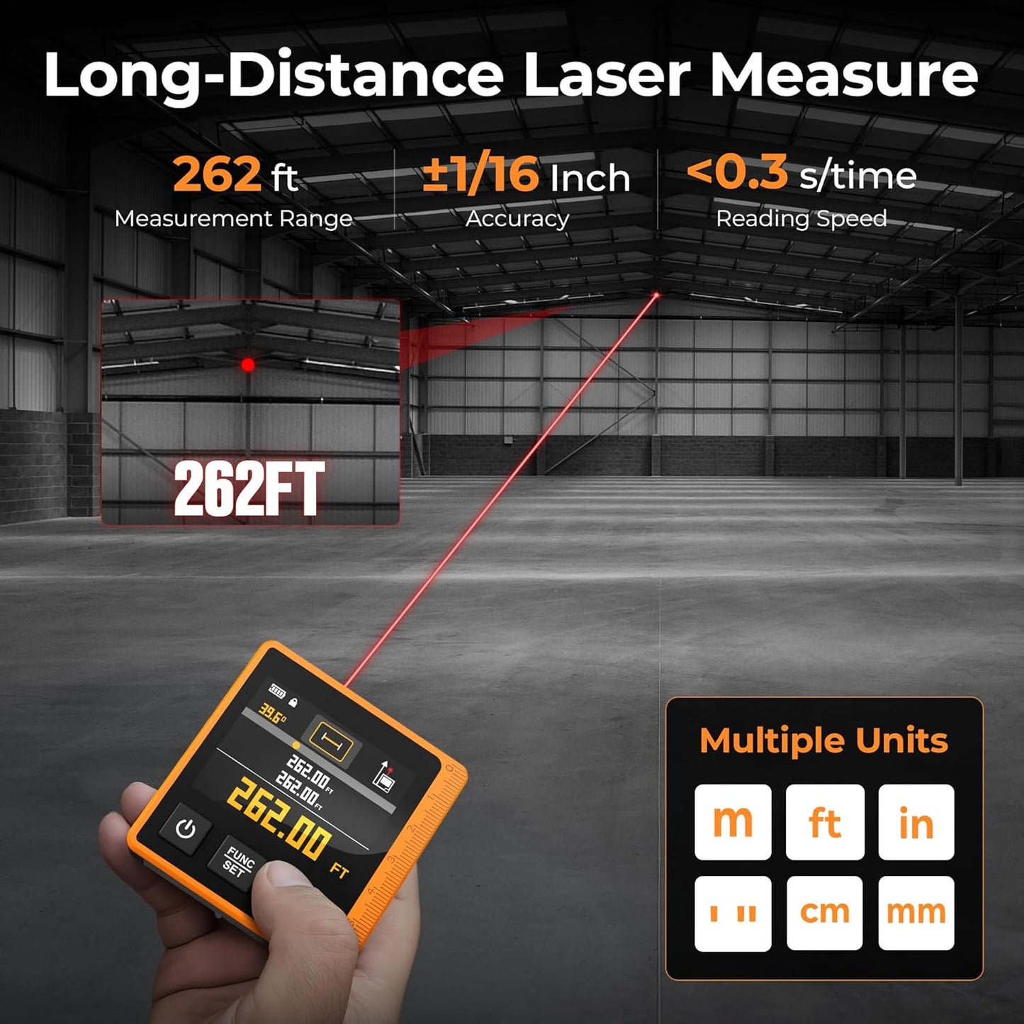 Laser Measuring Tool, 262ft Laser Measure with Digital Angle Finder & Level | 3 in 1 Laser Tape Measure, 2.4'' Color Backlit Display, 6 Units, Multi Modes, Magnetic, Rechargeable, Accurate for Carpenters